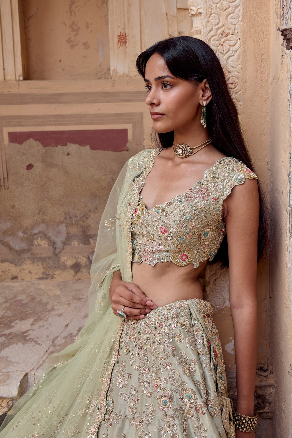 Sage Tissue Embroidered Lehenga Set