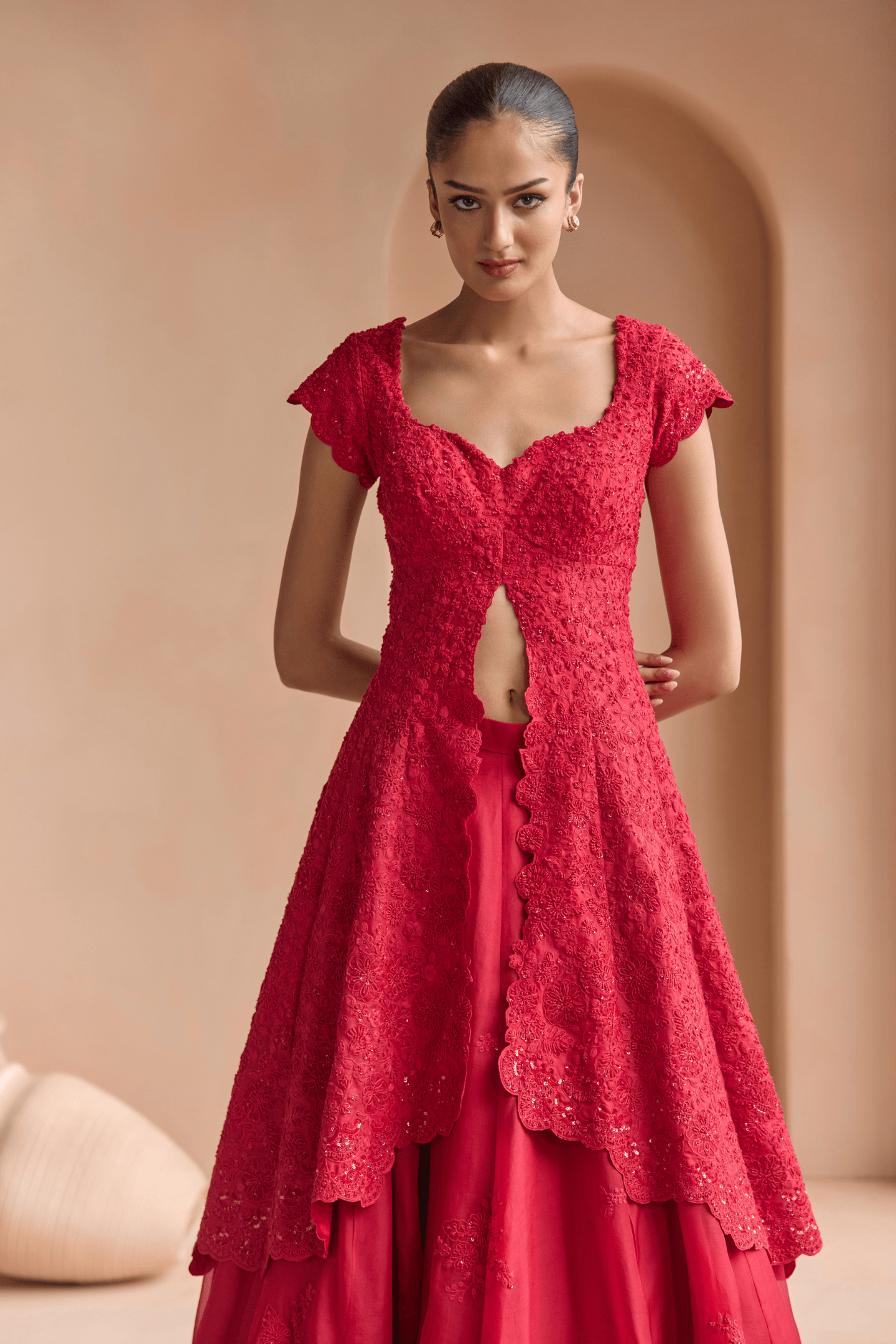 Rosewood Red Embroidered Jacket & Skirt Set