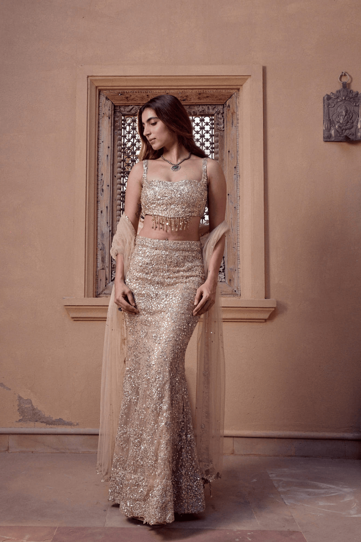 Beige Champagne Floral Lehenga Set