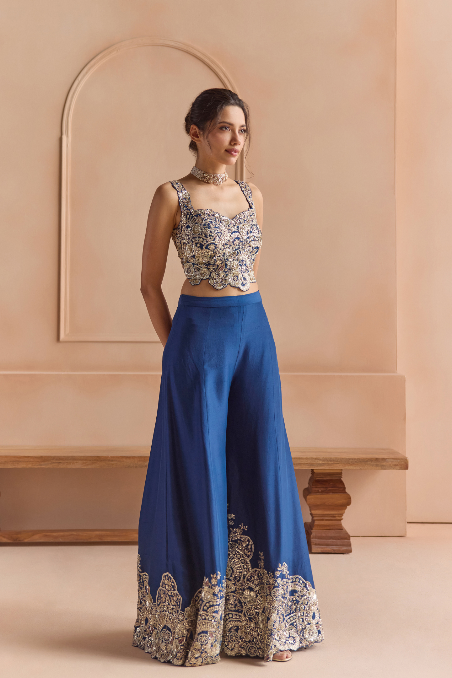 French Navy Embroidered Top & Garara Set
