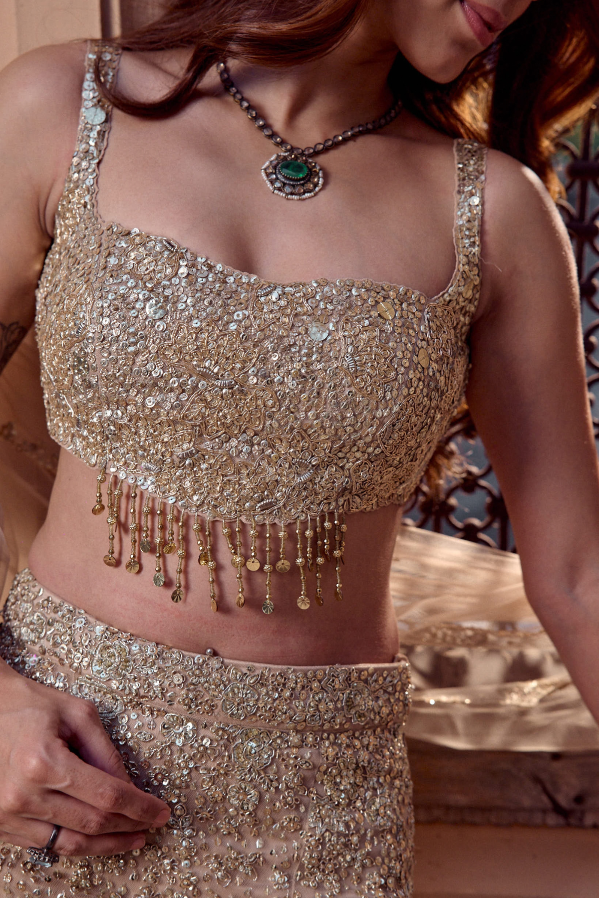 Beige Champagne Floral Lehenga Set