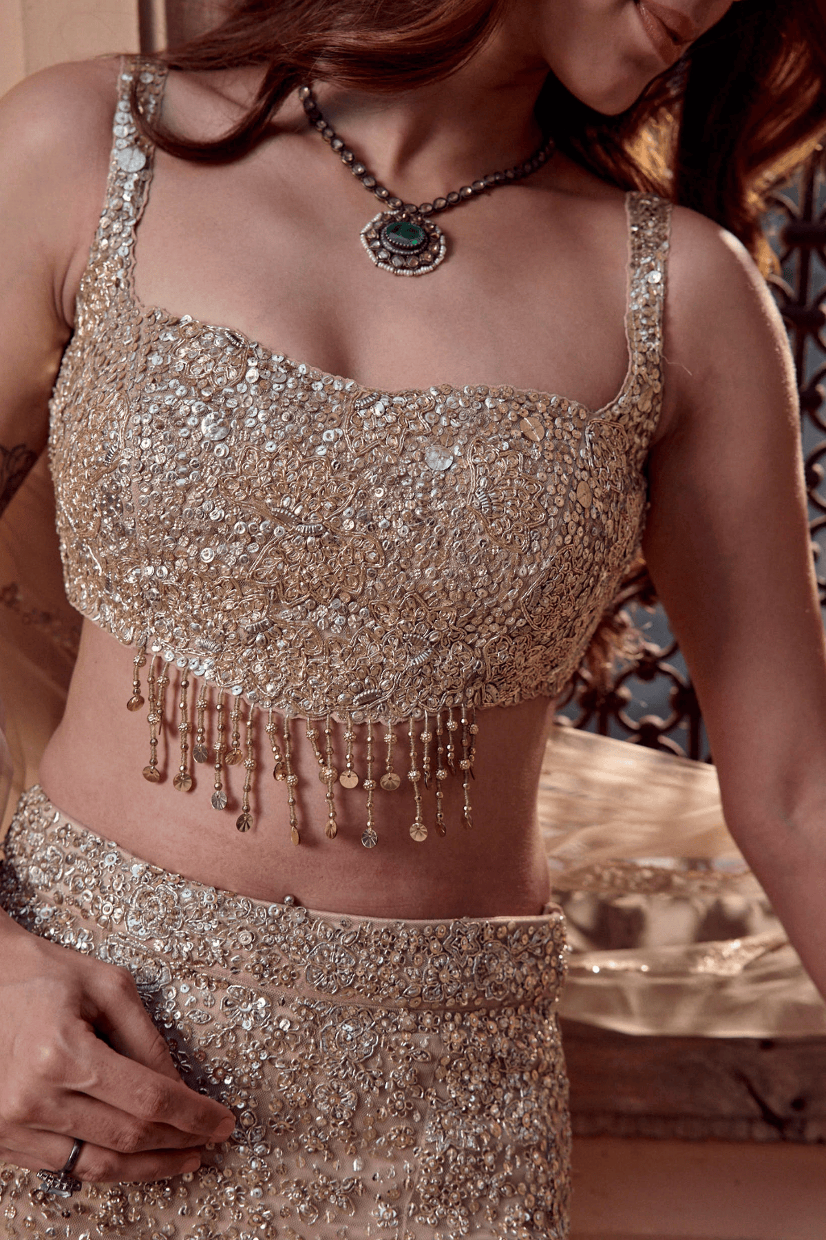 Beige Champagne Floral Lehenga Set