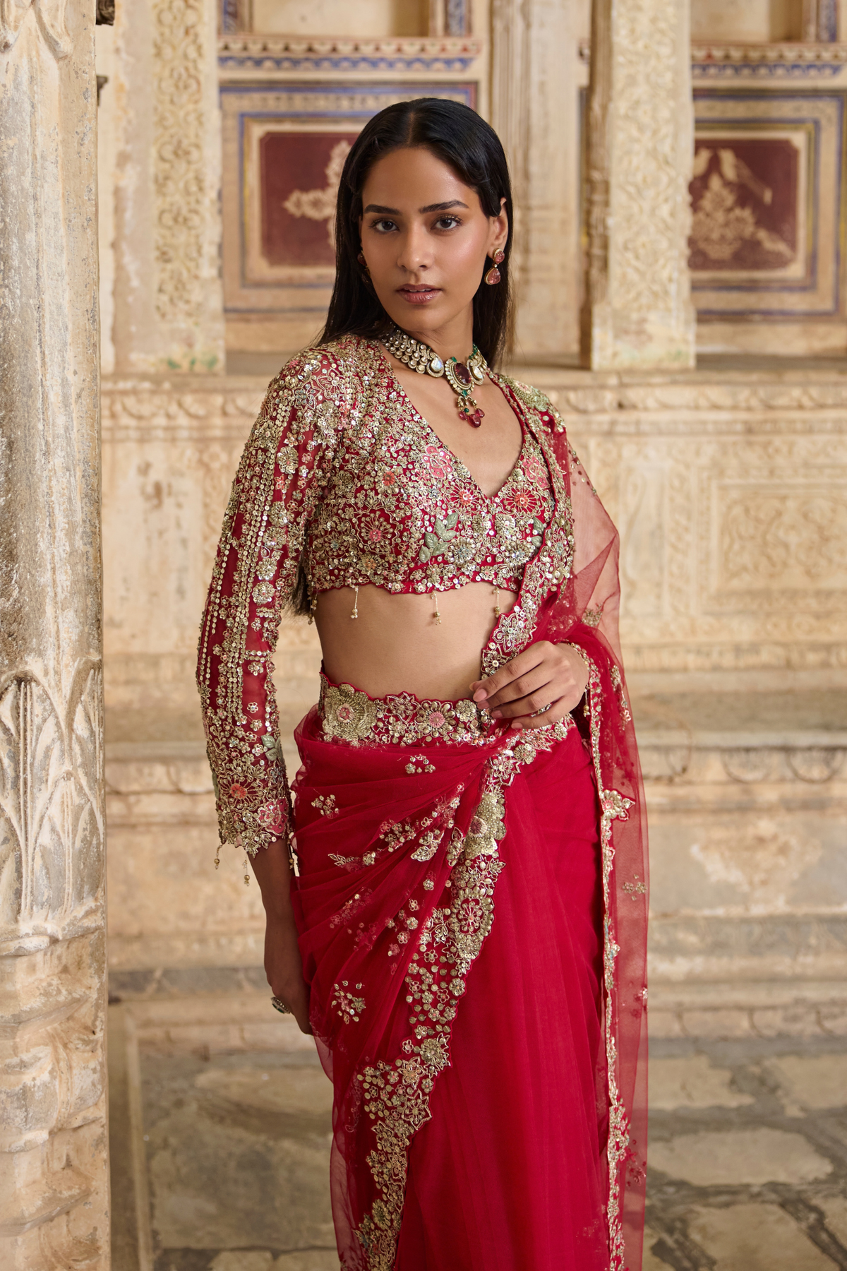 Deep Berry Embroidered Saree Set