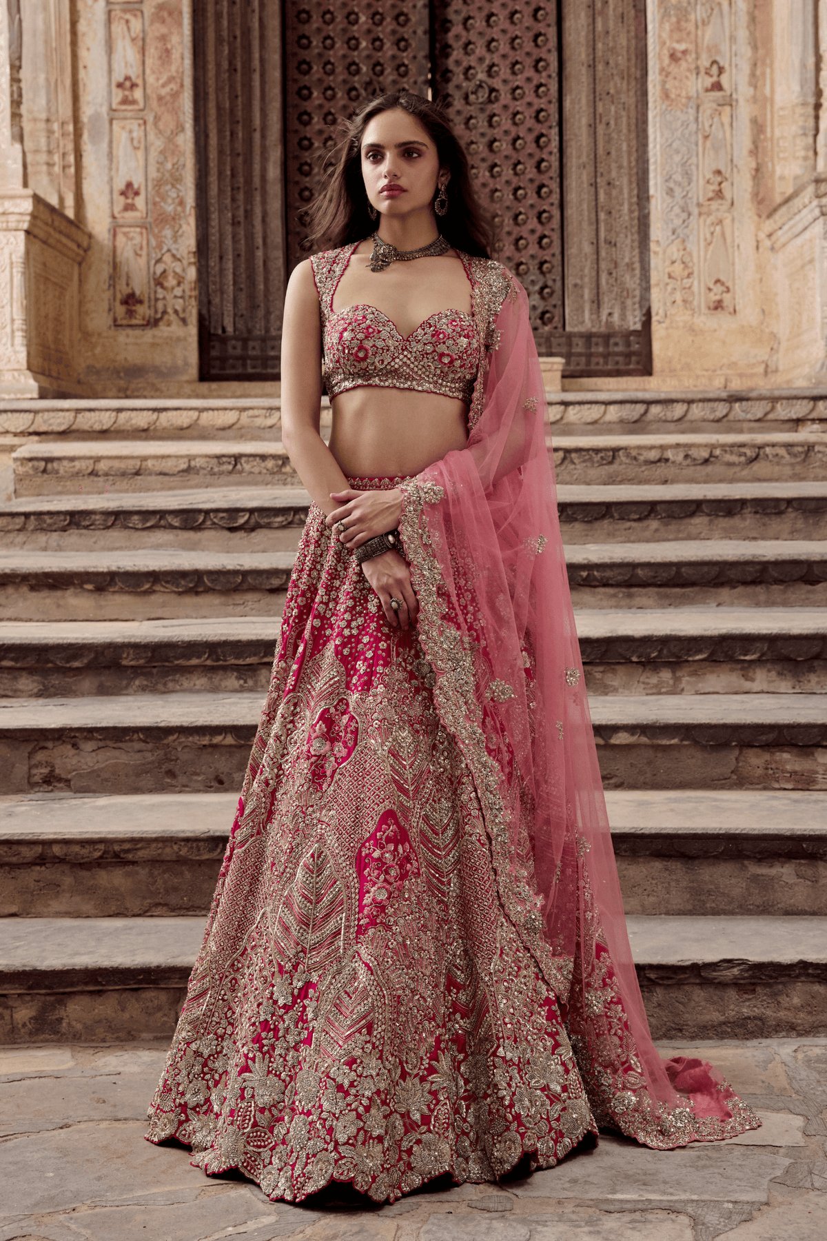 Dark Fuchsia Embroidered Bridal Lehenga Set