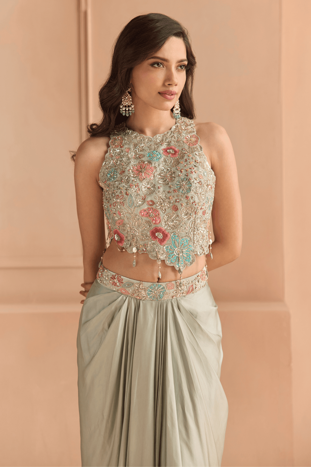 Mist Blue Embroidered Top & Skirt Set