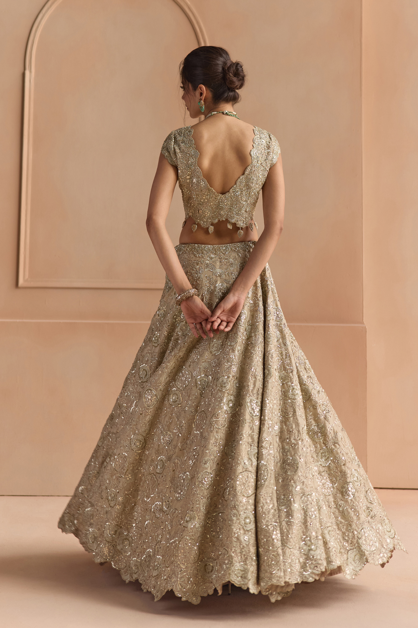 Beige Champagne Tissue Silk Lehenga Set