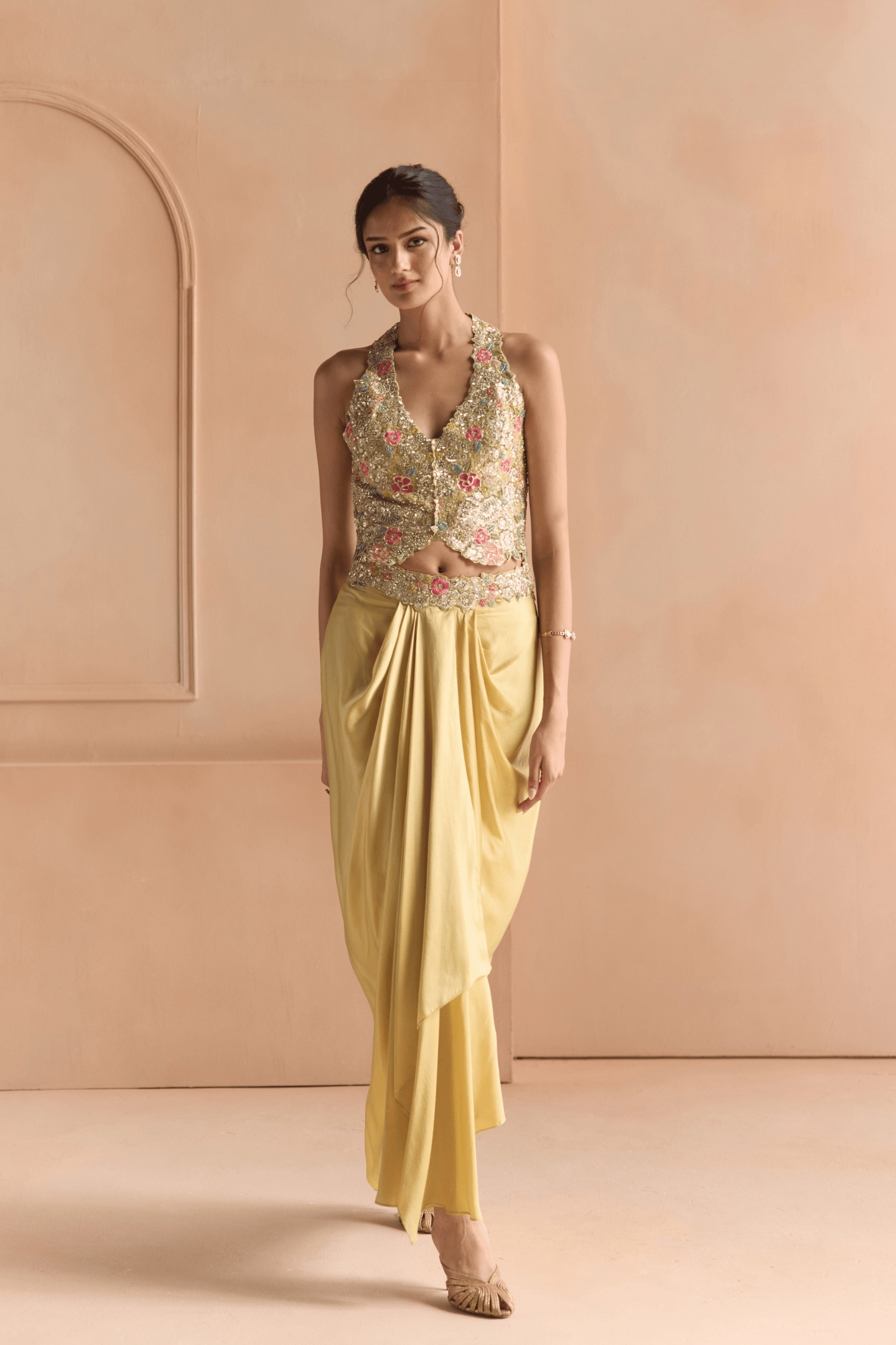 Butter Yellow Embroidered Top & Skirt Set