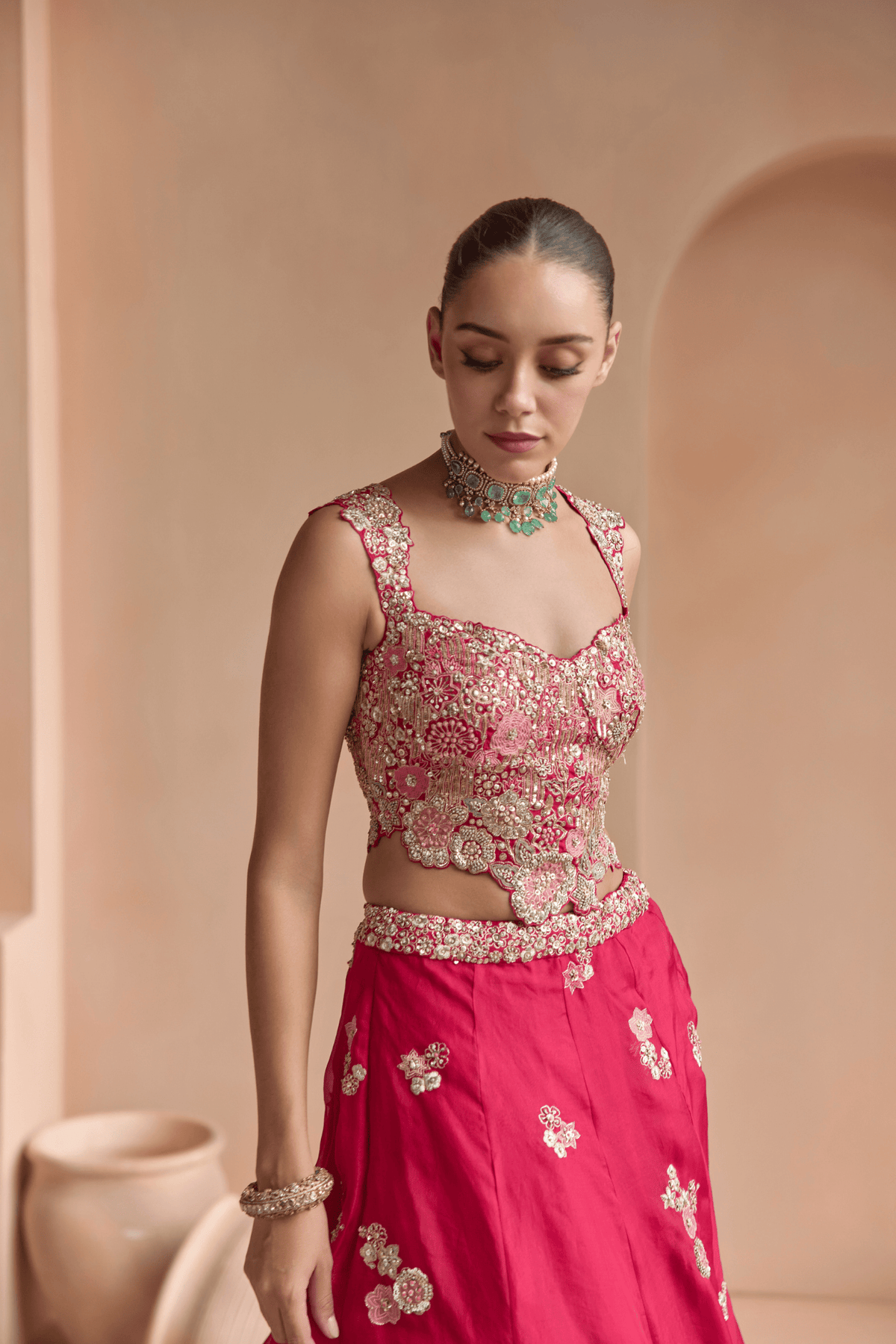 Cut Ruby Embroidered Organza Lehenga Set
