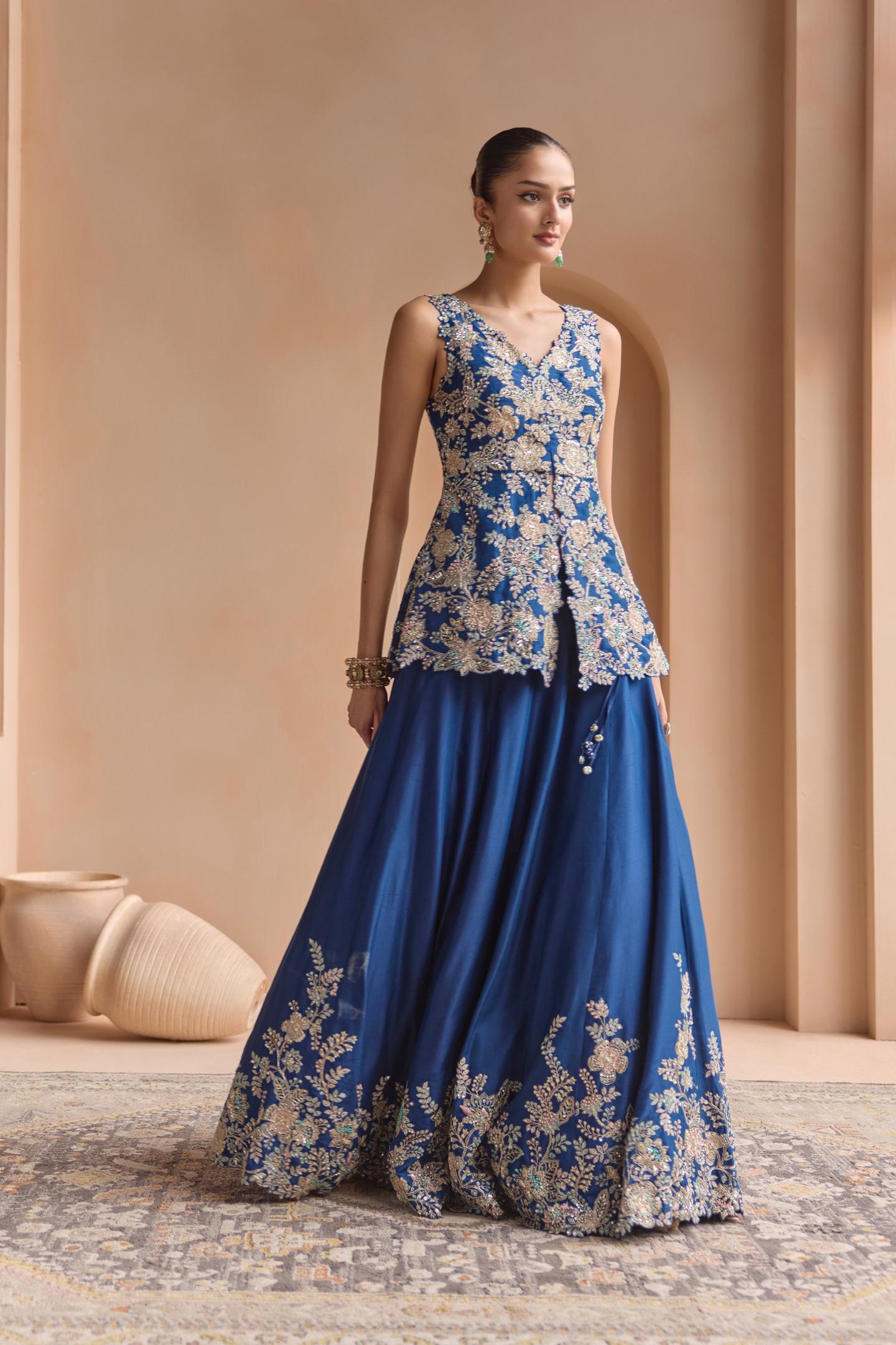 French Navy Embroidered Peplum Lehenga Set