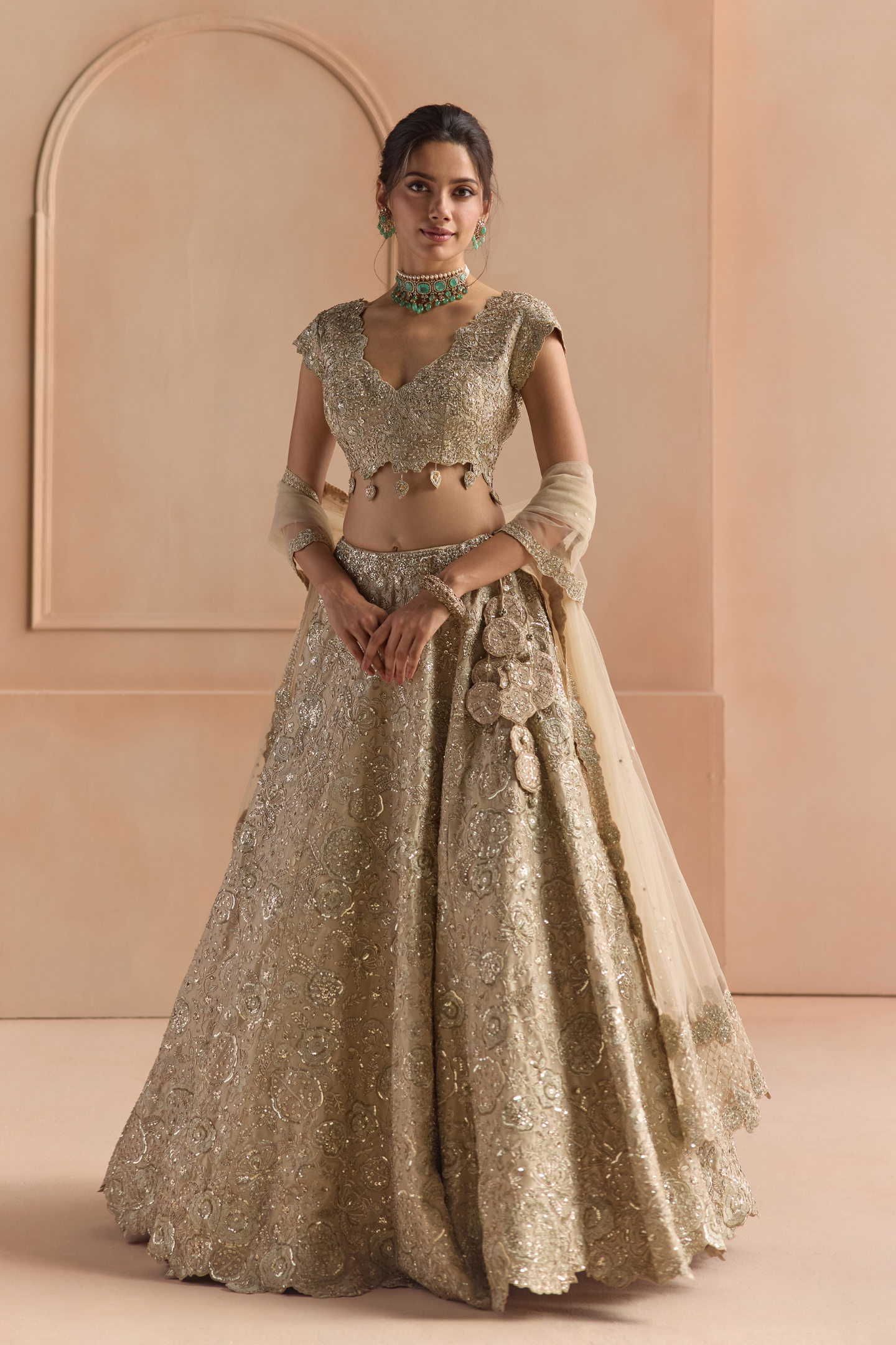 Beige Champagne Tissue Silk Lehenga Set