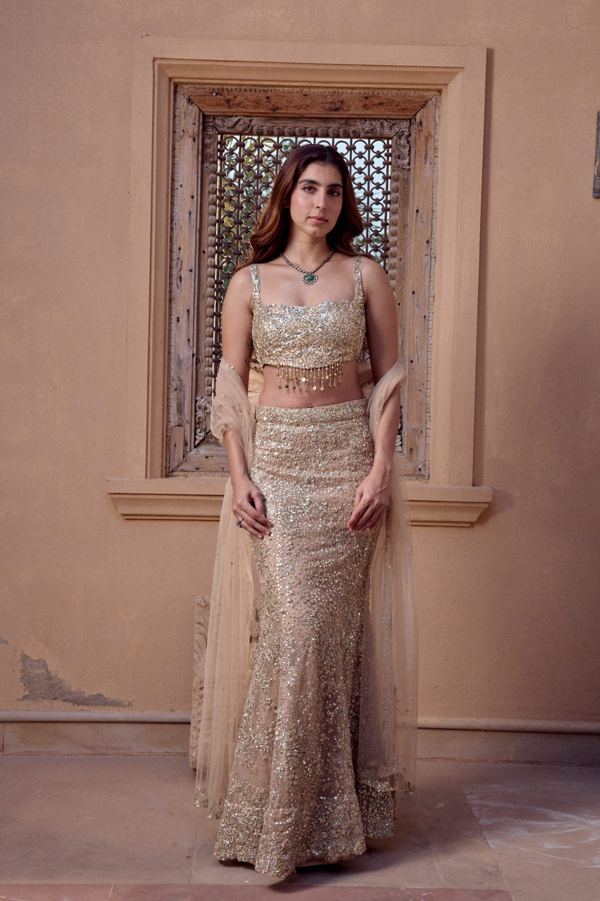 Beige Champagne Floral Lehenga Set