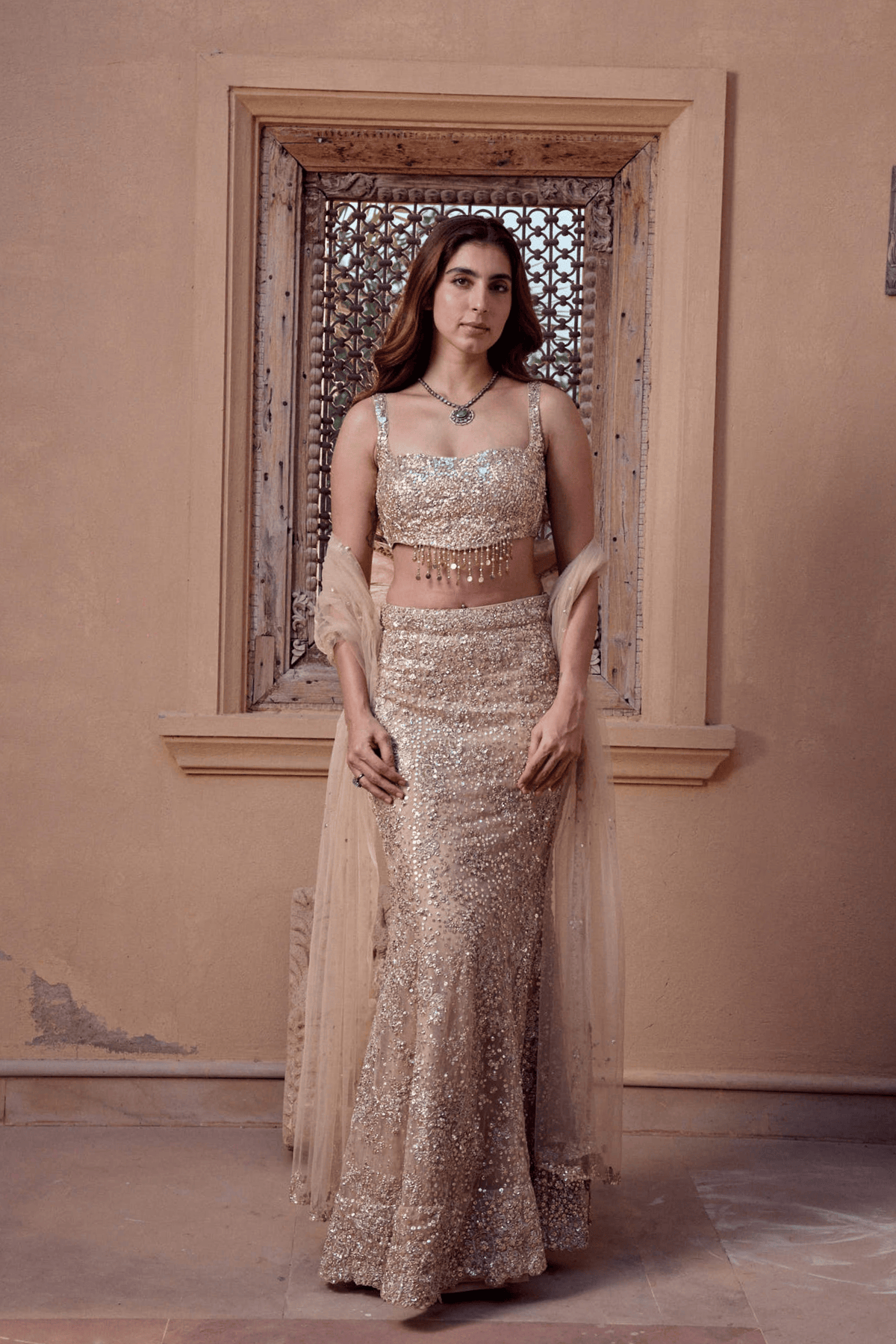 Beige Champagne Floral Lehenga Set