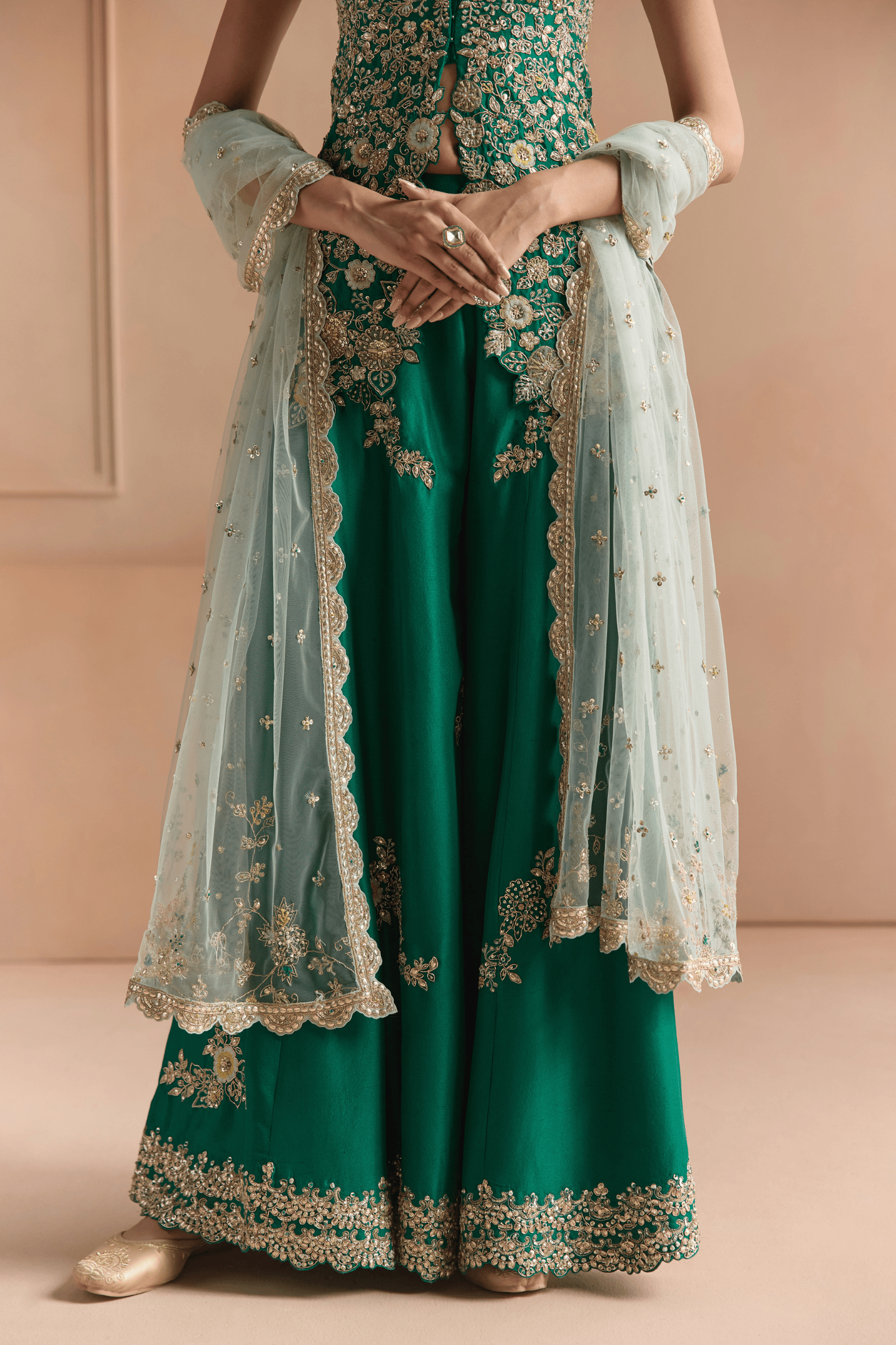 Jewel Green Embroidered Peplum Garara Set