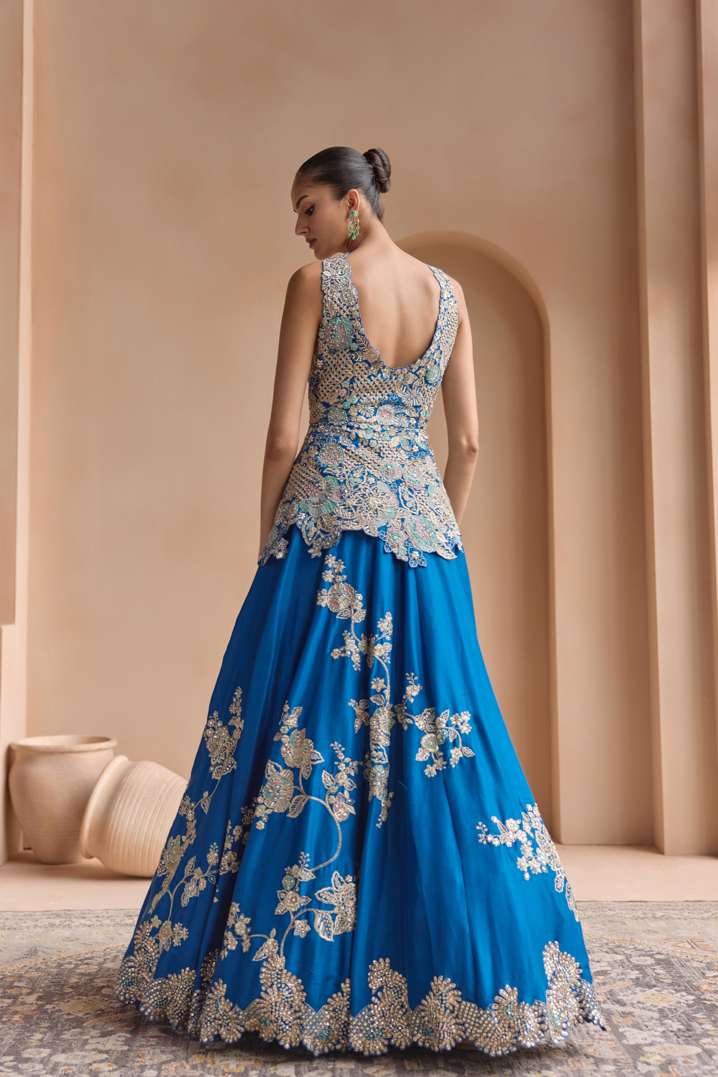 Jade Blue Embroidered Peplum Lehenga Set