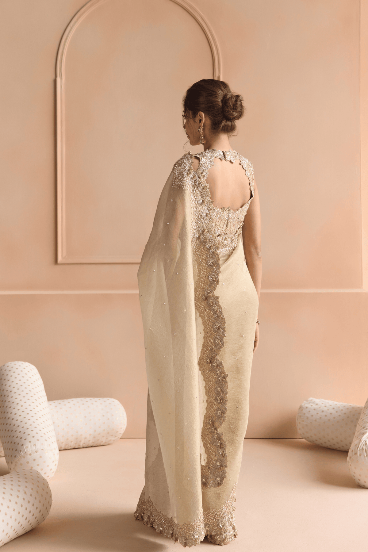 Beige Champagne Tissue Saree Set