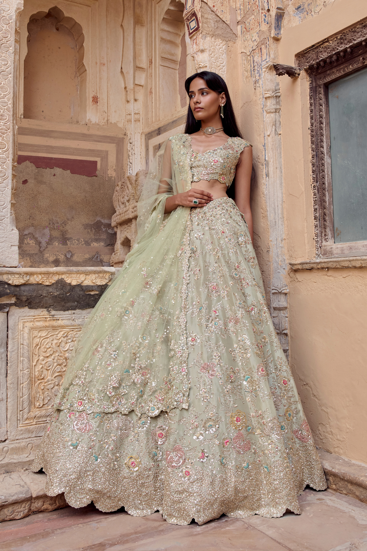 Sage Tissue Embroidered Lehenga Set