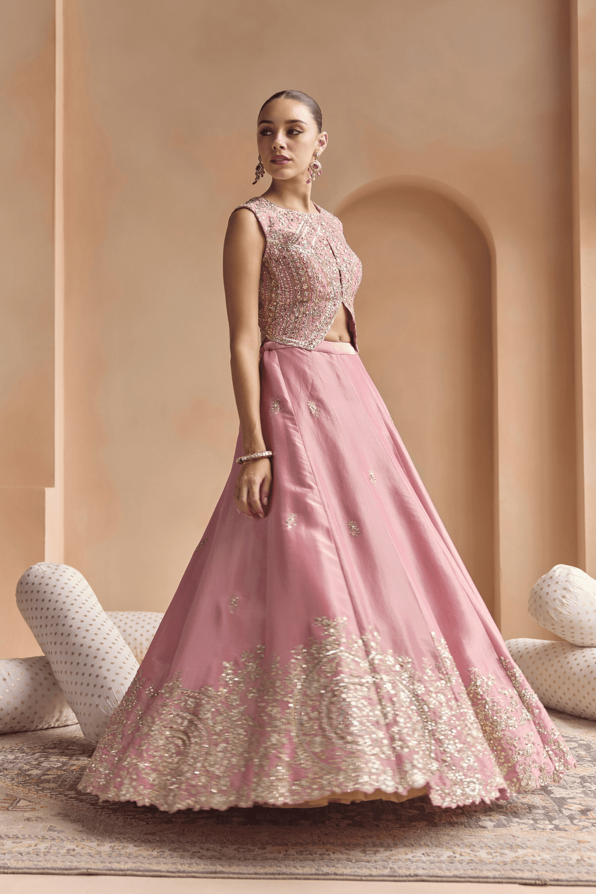Soft Berry Embroidered Tissue Lehenga Set