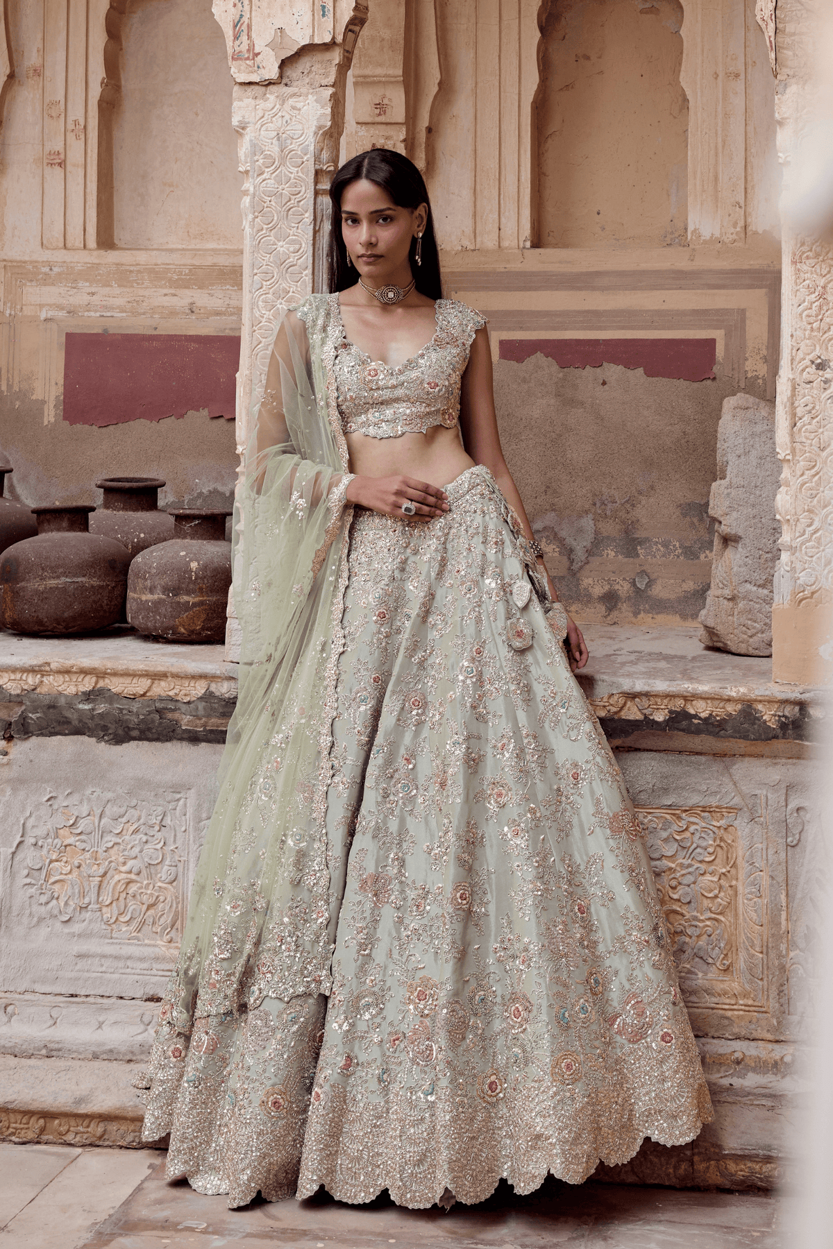 Sage Tissue Embroidered Lehenga Set