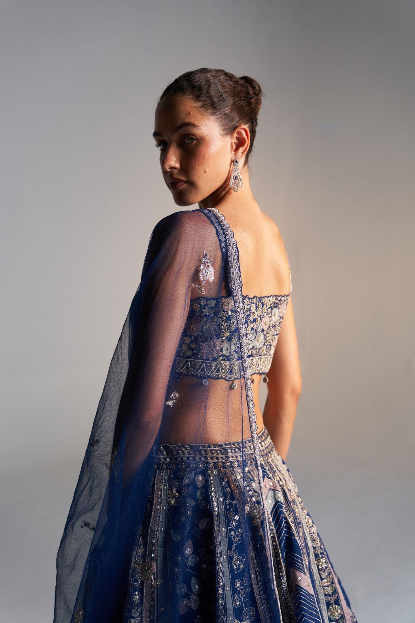 Midnight blue organza lehenga set