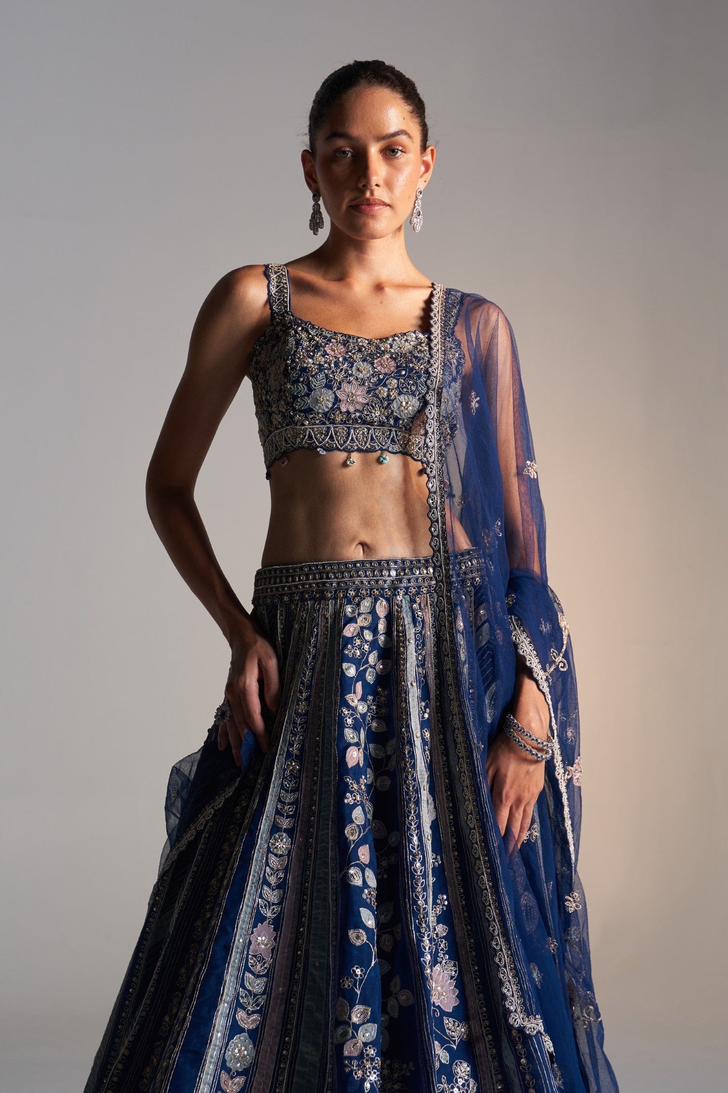 Midnight blue organza lehenga set