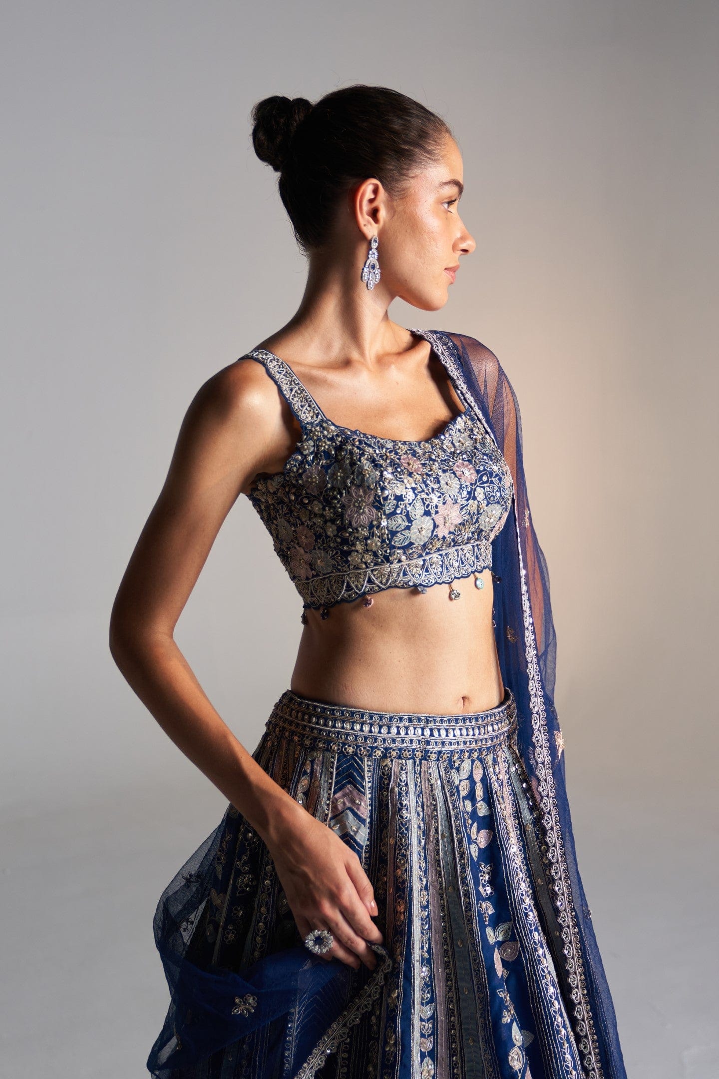 Midnight blue organza lehenga set