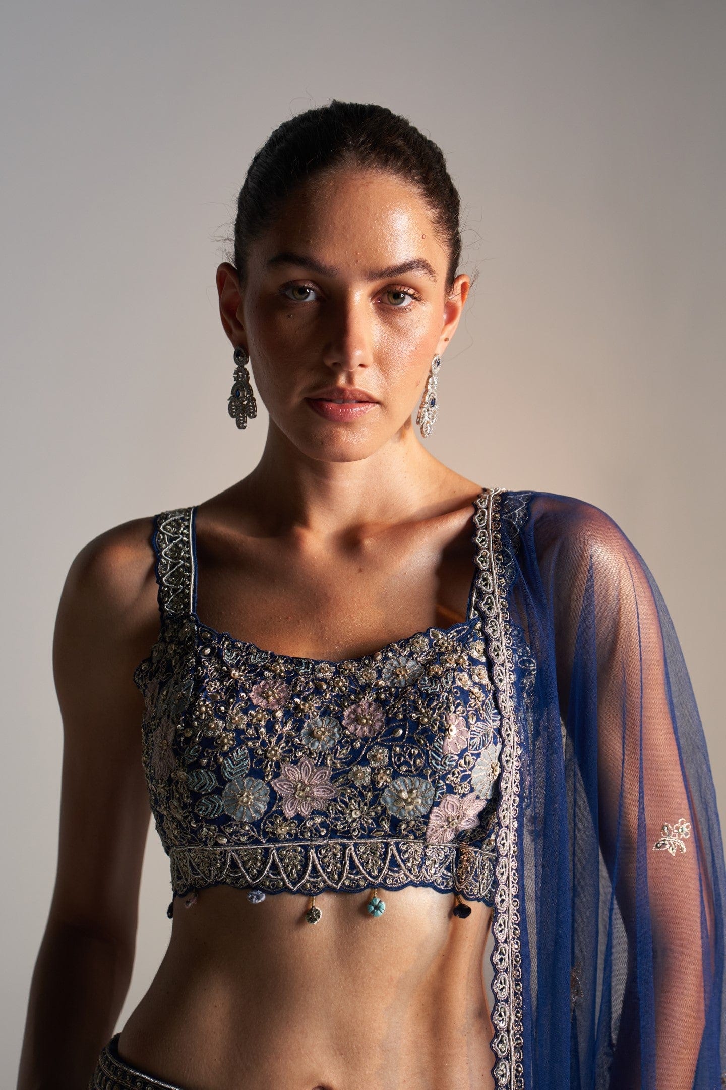 Midnight blue organza lehenga set