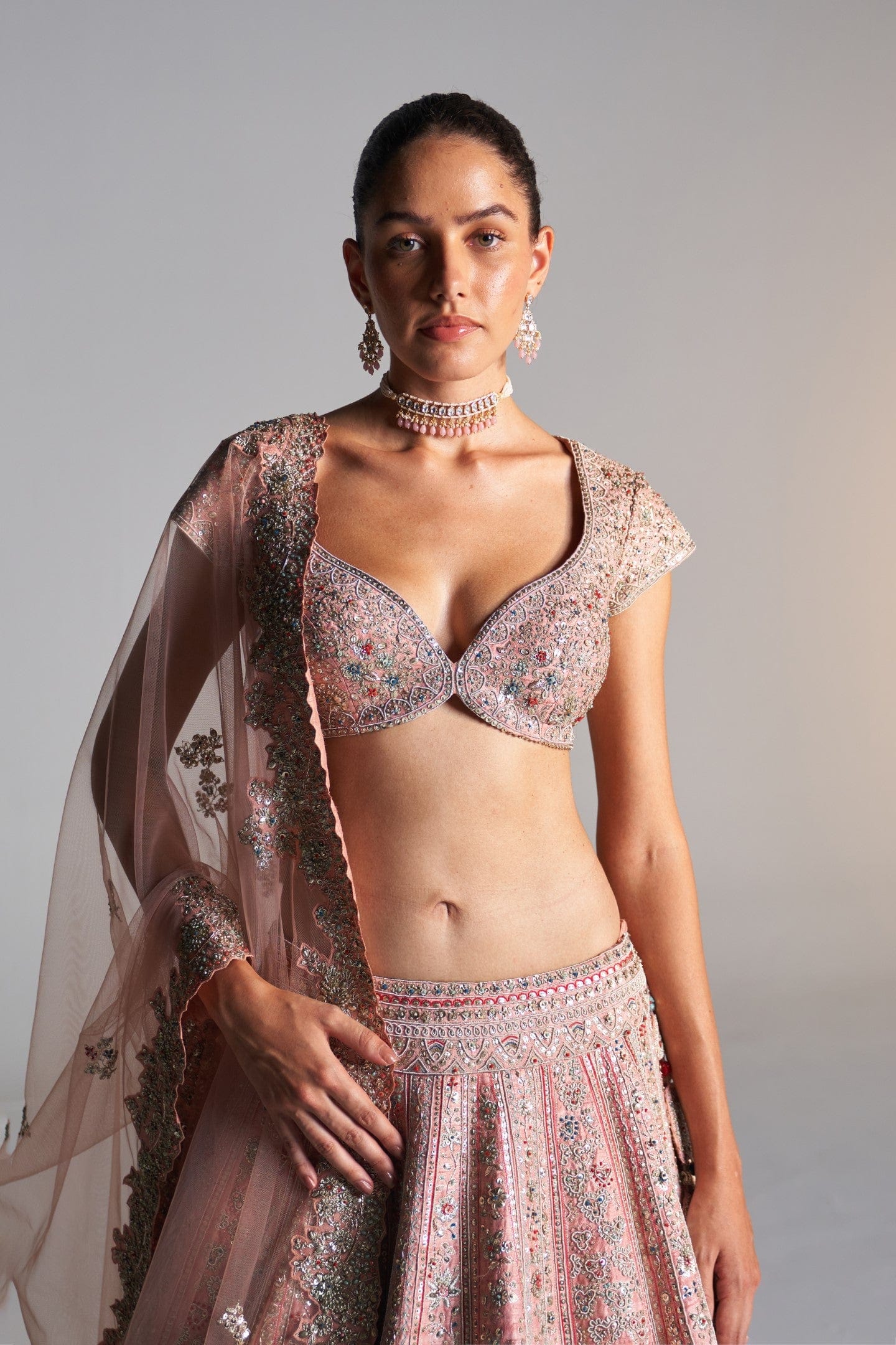 Coral rose raw silk lehenga set