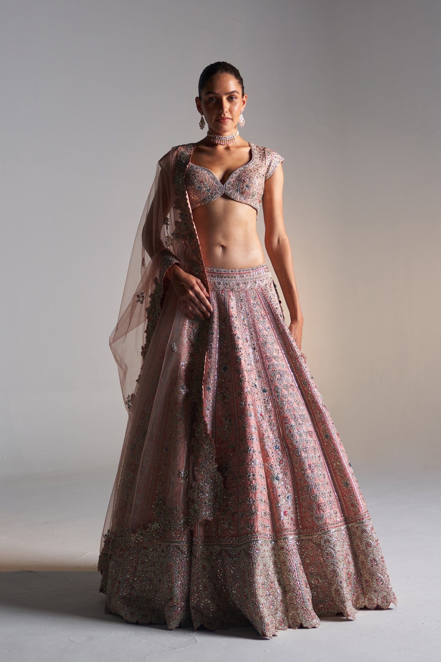 Coral rose raw silk lehenga set