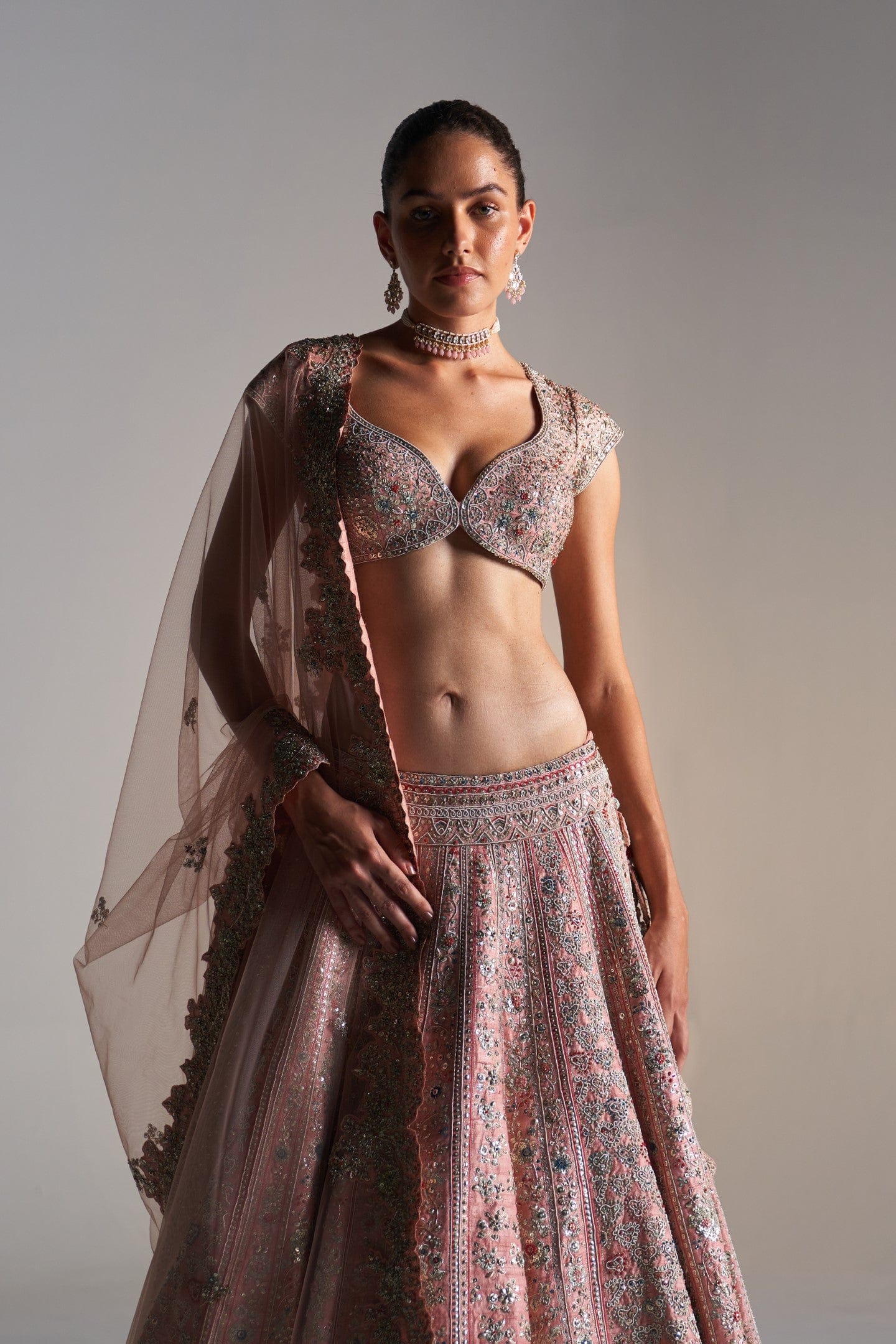 Coral rose raw silk lehenga set