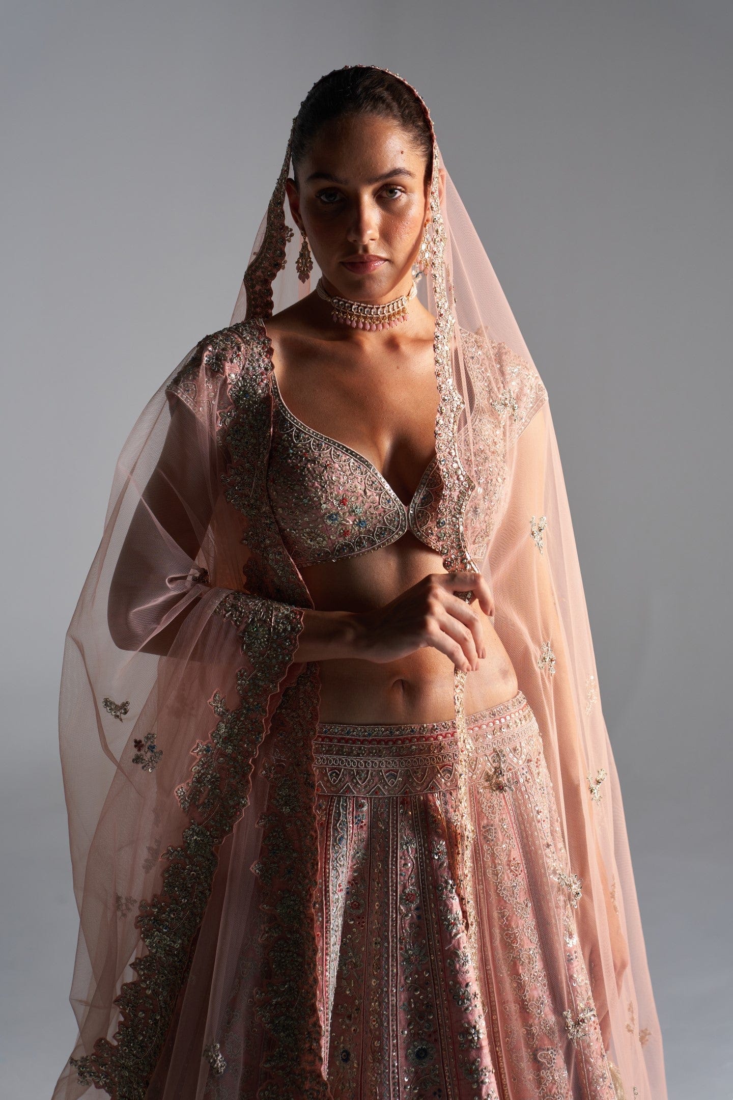 Coral rose raw silk lehenga set