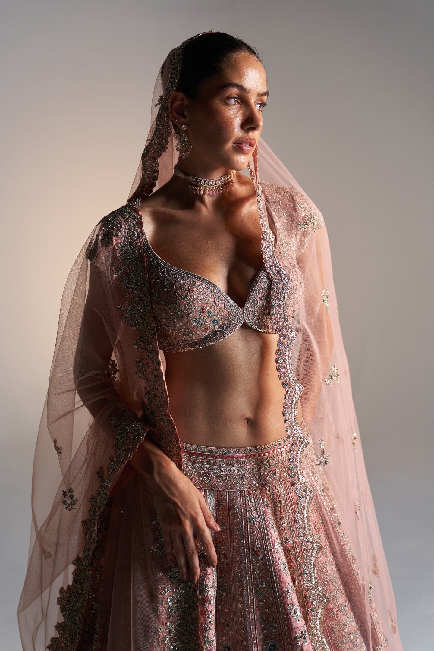 Coral rose raw silk lehenga set