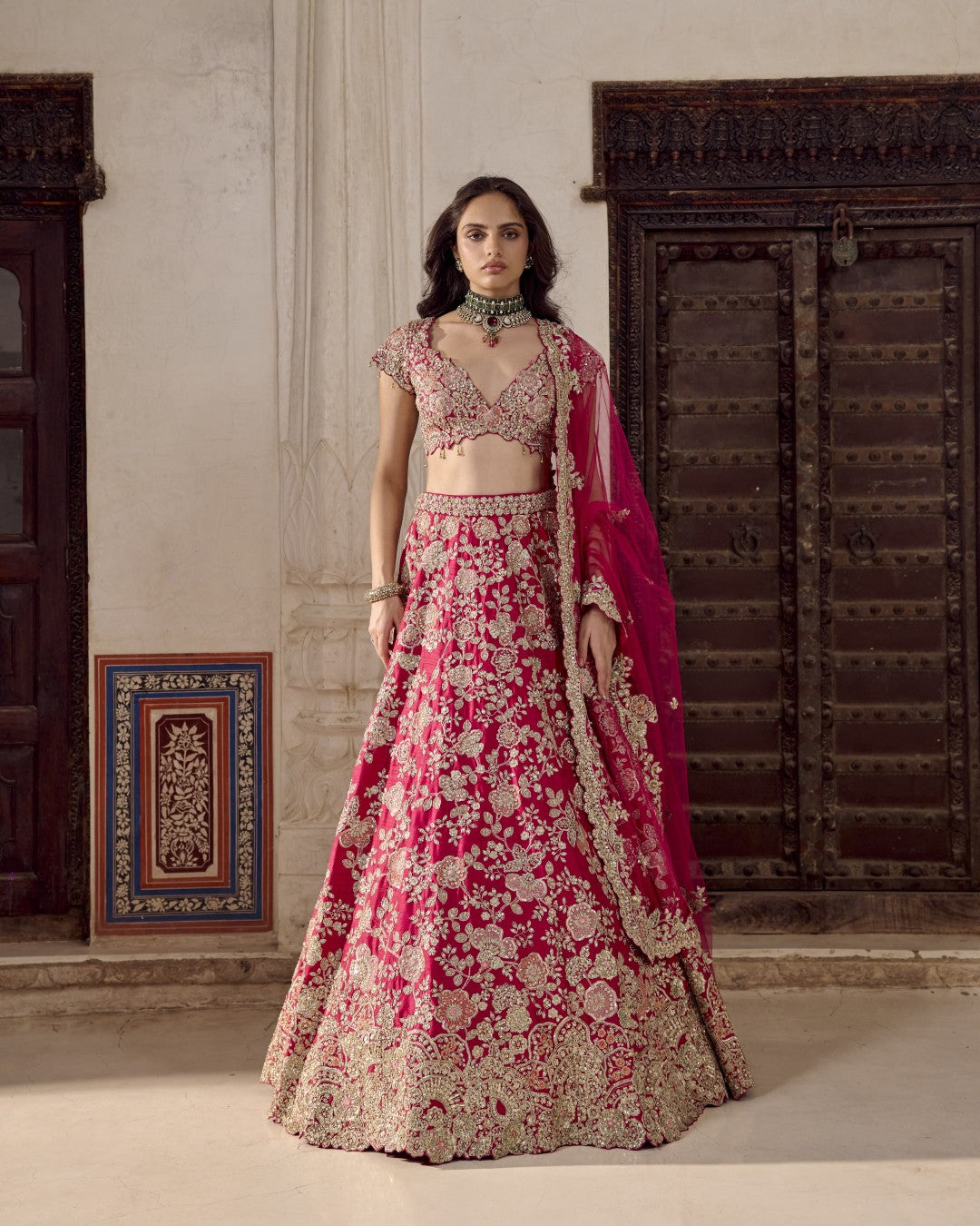 Ruby Pink Embroidered Bridal Lehenga Set