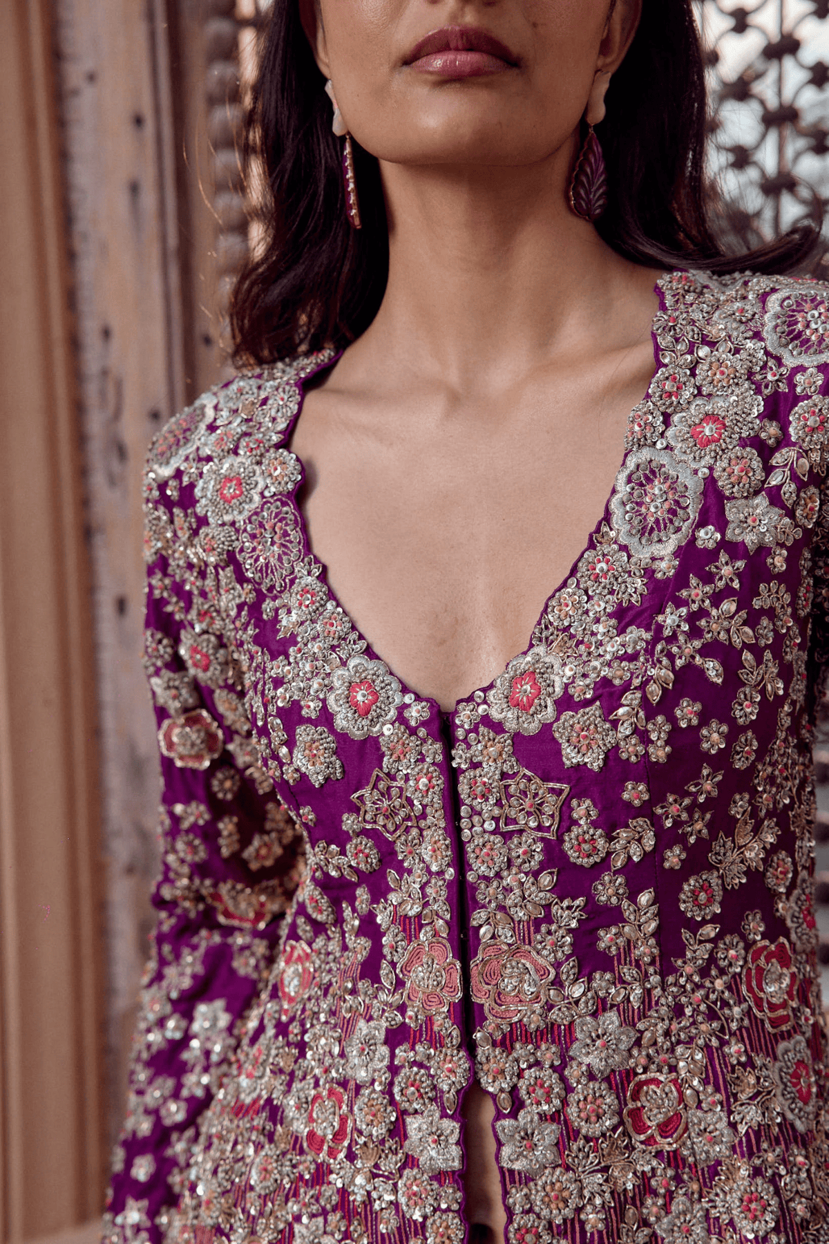 Aubergine Embroidered Jacket & Flare Pant Set