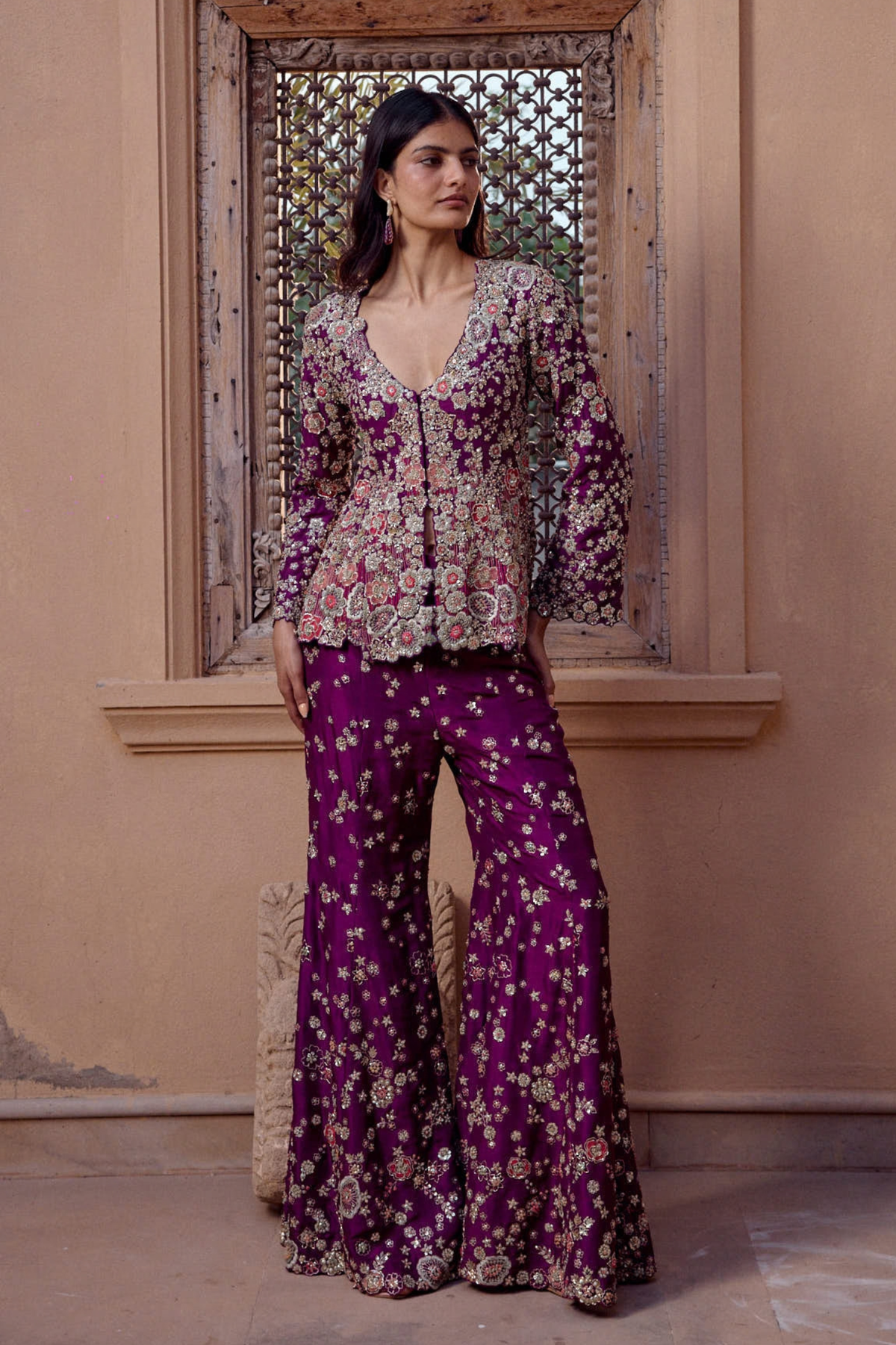 Aubergine Embroidered Jacket & Flare Pant Set