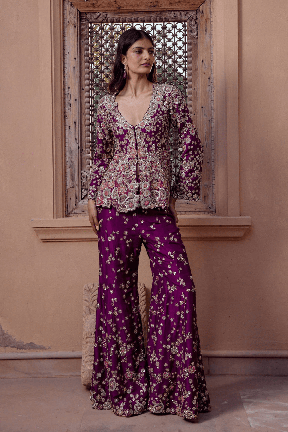 Aubergine Embroidered Jacket & Flare Pant Set