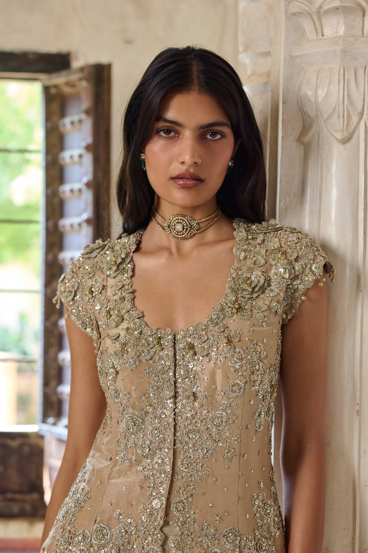 Beige Champagne Embroidered Jacket & Flare Pant Set