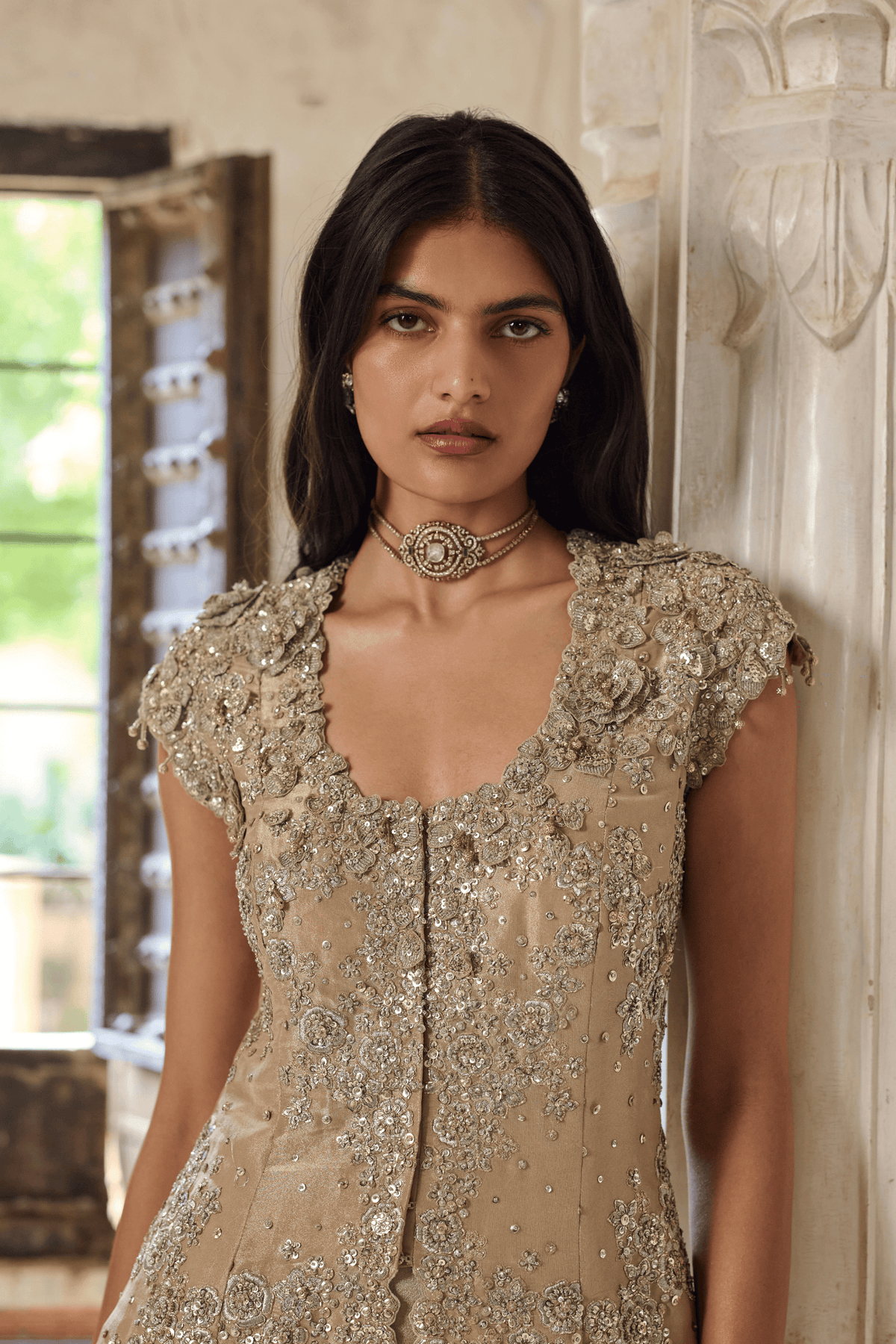 Beige Champagne Embroidered Jacket & Flare Pant Set