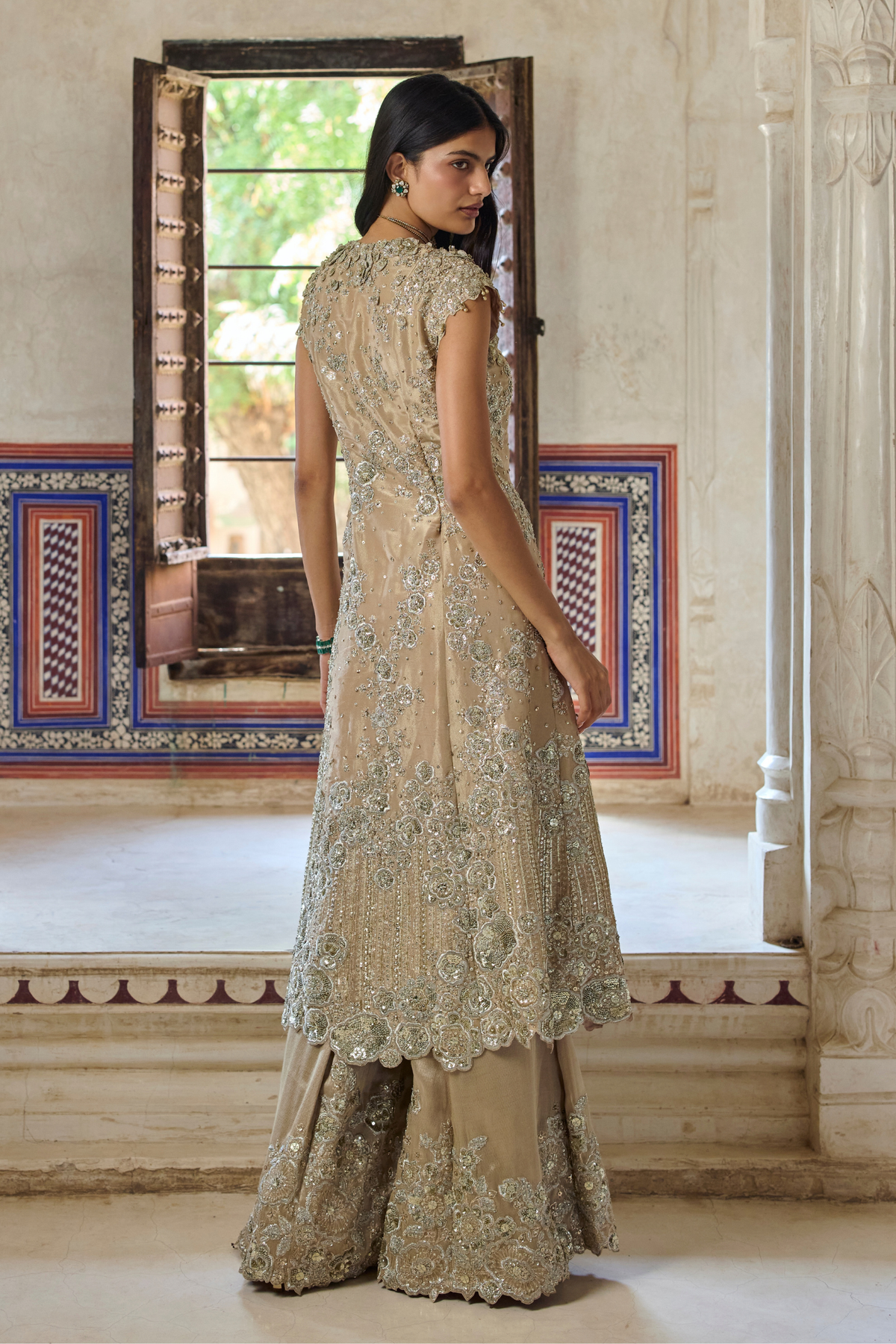 Beige Champagne Embroidered Jacket & Flare Pant Set
