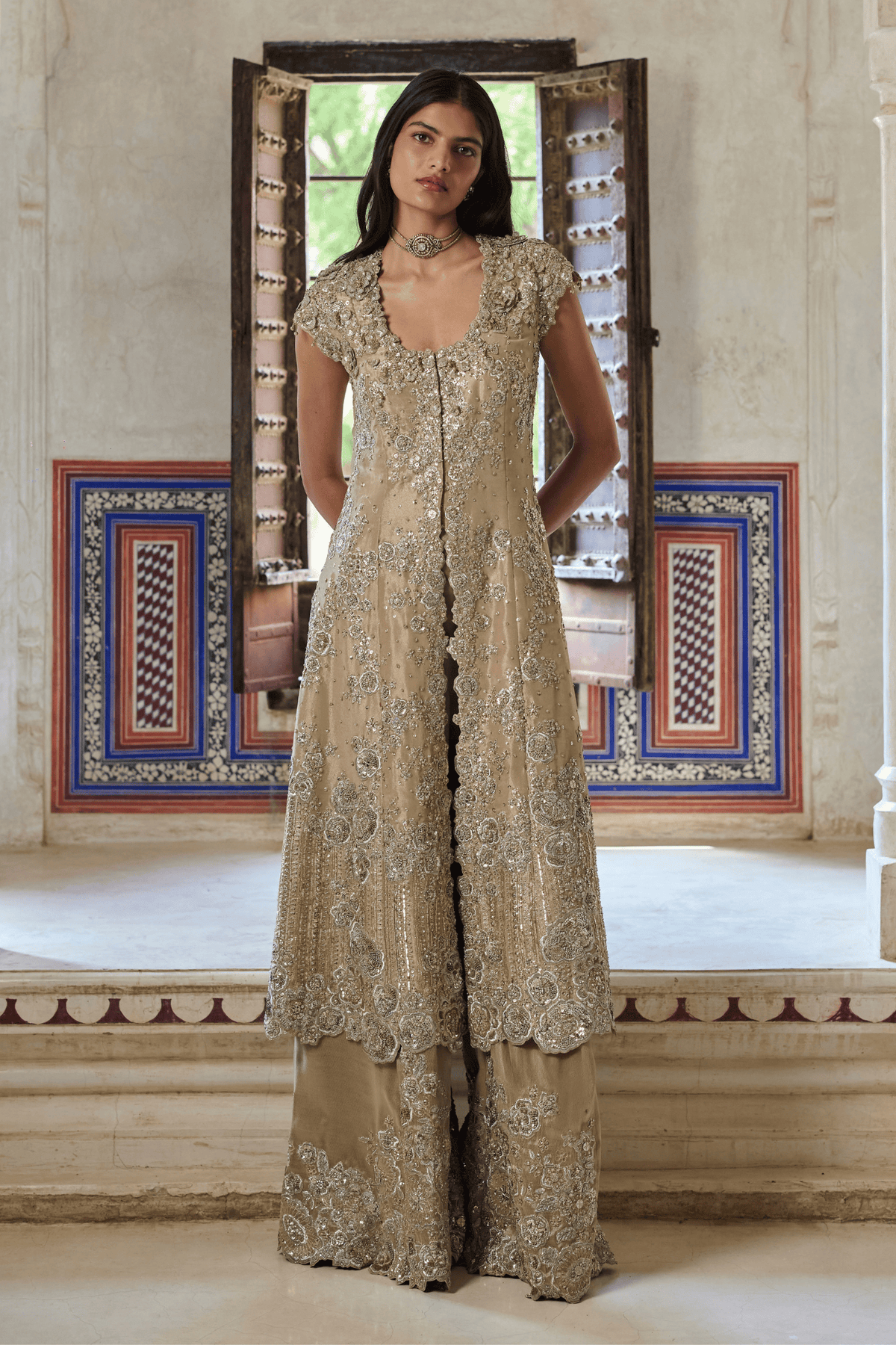 Beige Champagne Embroidered Jacket & Flare Pant Set