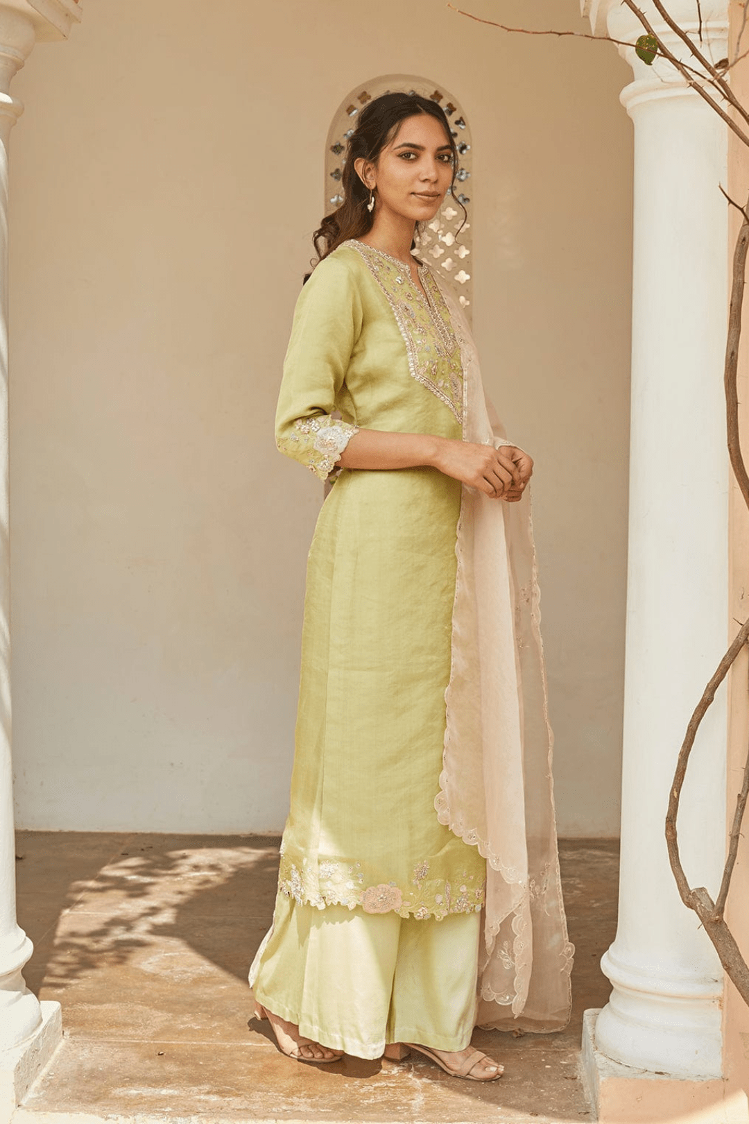 Mist Green Embroidered Kurta and Sharara Set