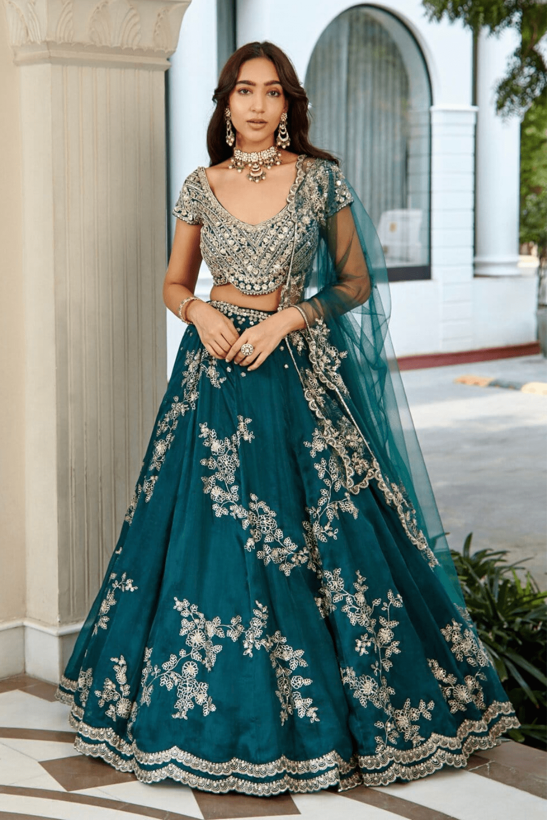 Dark Green Embroidered Lehenga Set