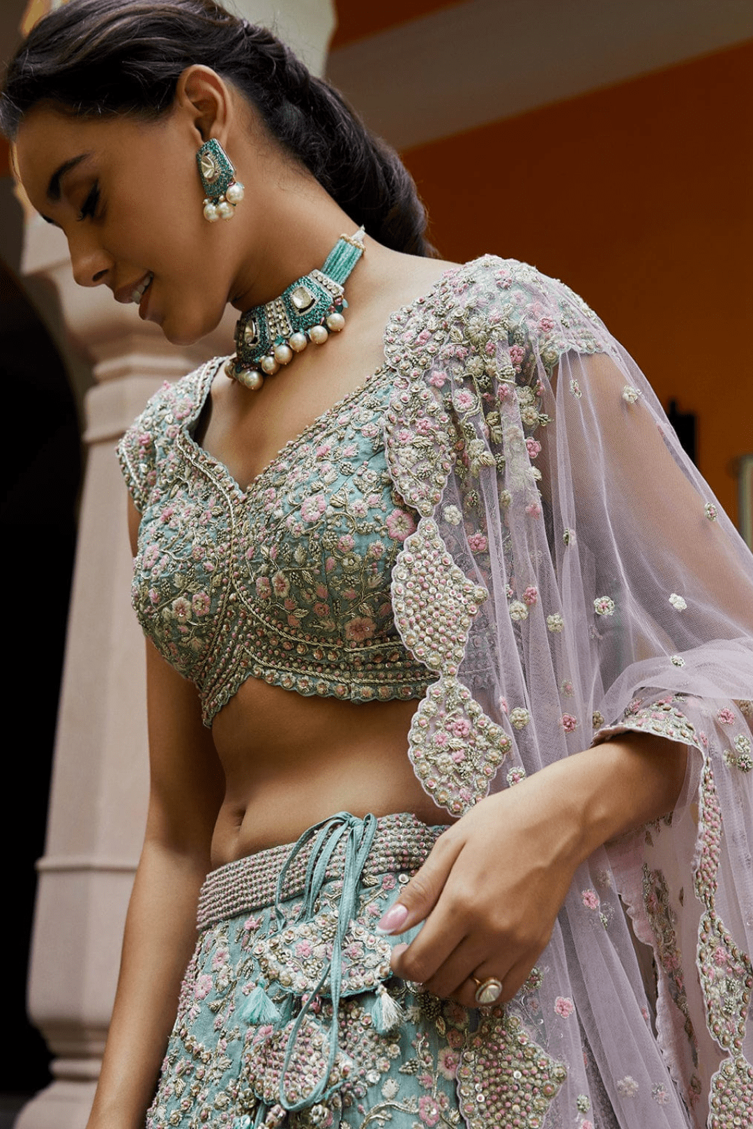 Teal and Blush Embroidered Lehenga with Dupatta