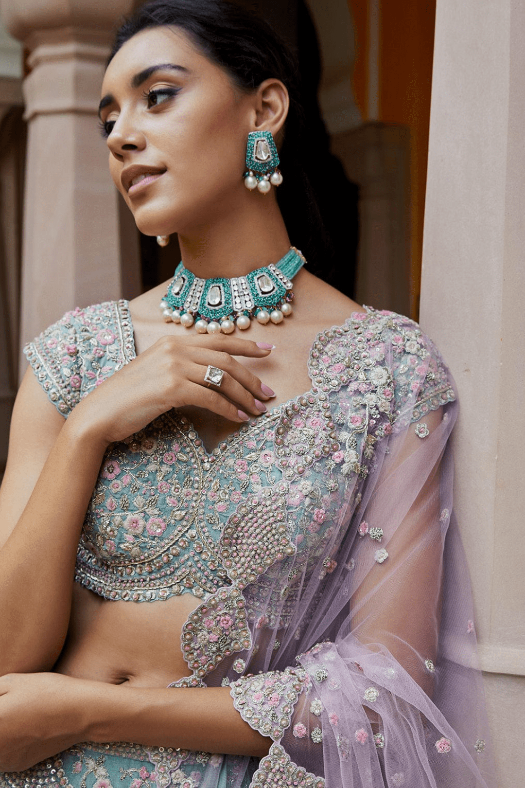 Teal and Blush Embroidered Lehenga with Dupatta