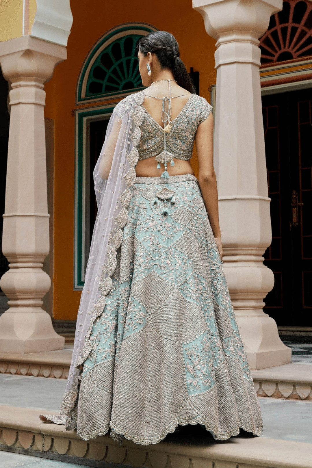 Teal and Blush Embroidered Lehenga with Dupatta