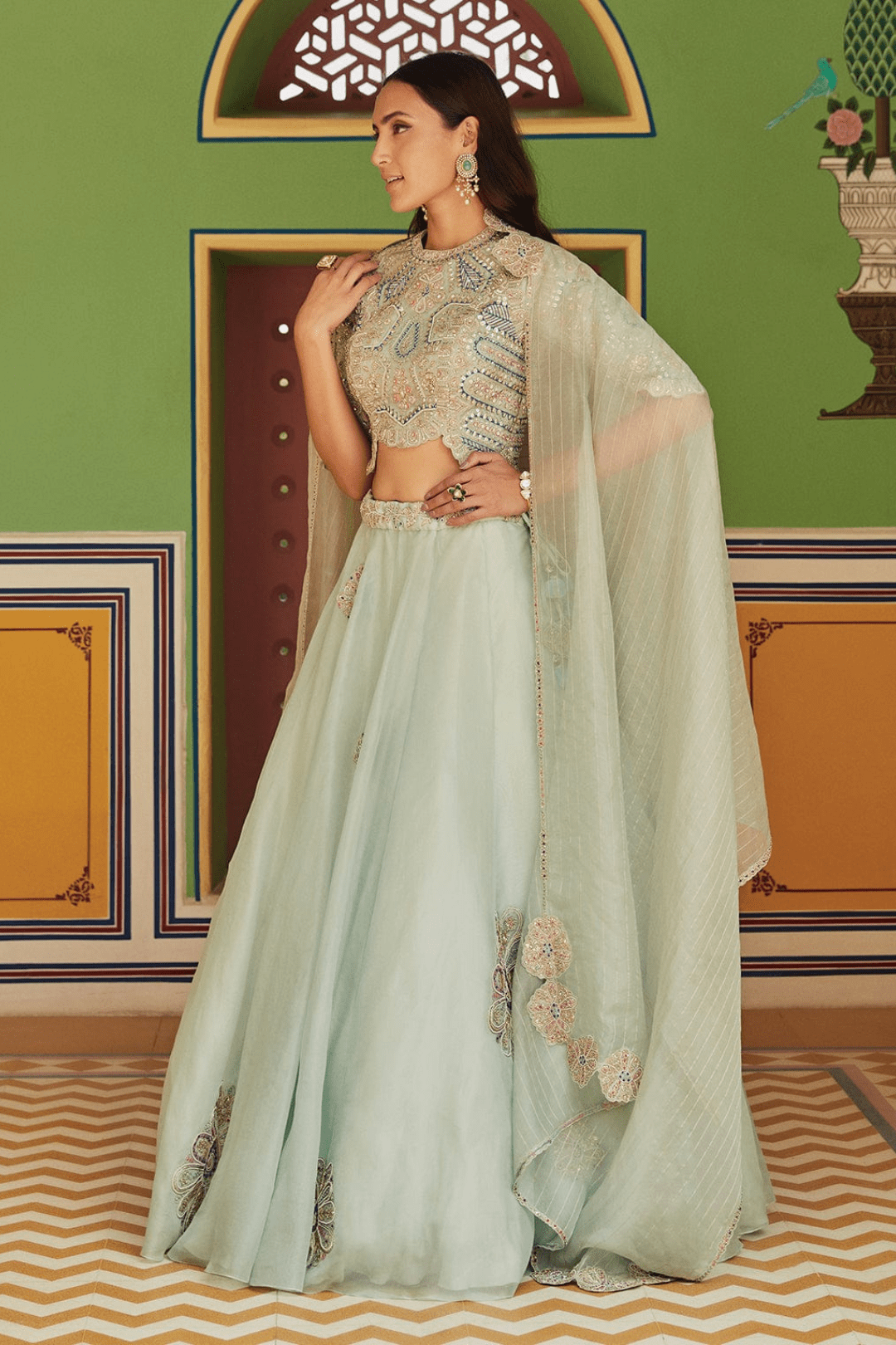 Teal Embroidered Organza Lehenga with Dupatta