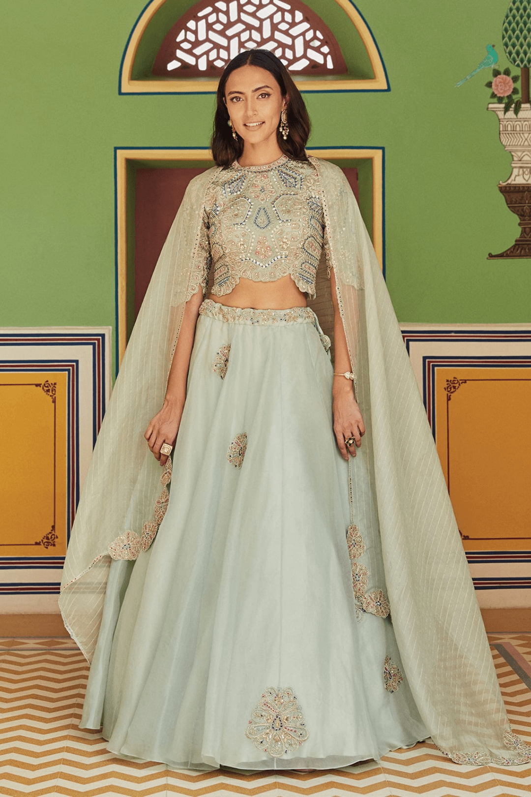 Teal Embroidered Organza Lehenga with Dupatta