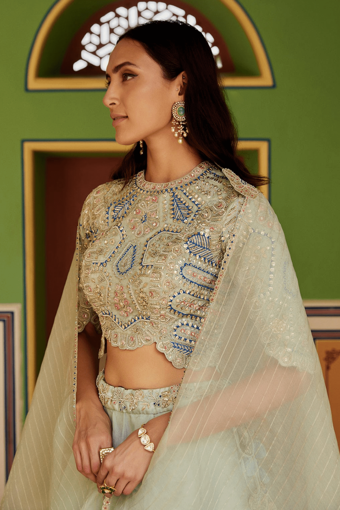 Teal Embroidered Organza Lehenga with Dupatta