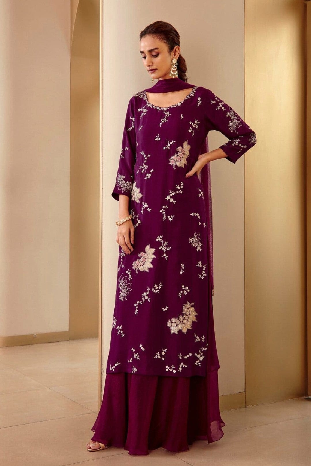 Hand-Embroidered Aubergine Sharara Suit