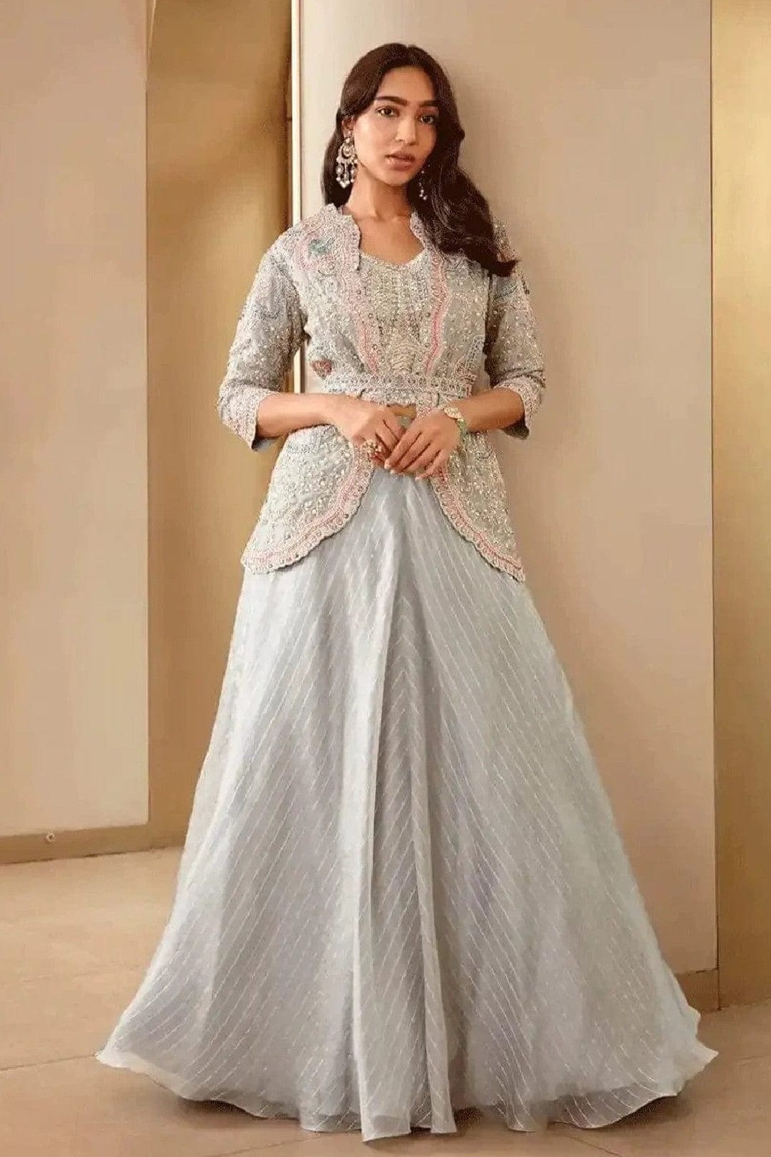 Grey Embroidered Jacket Set