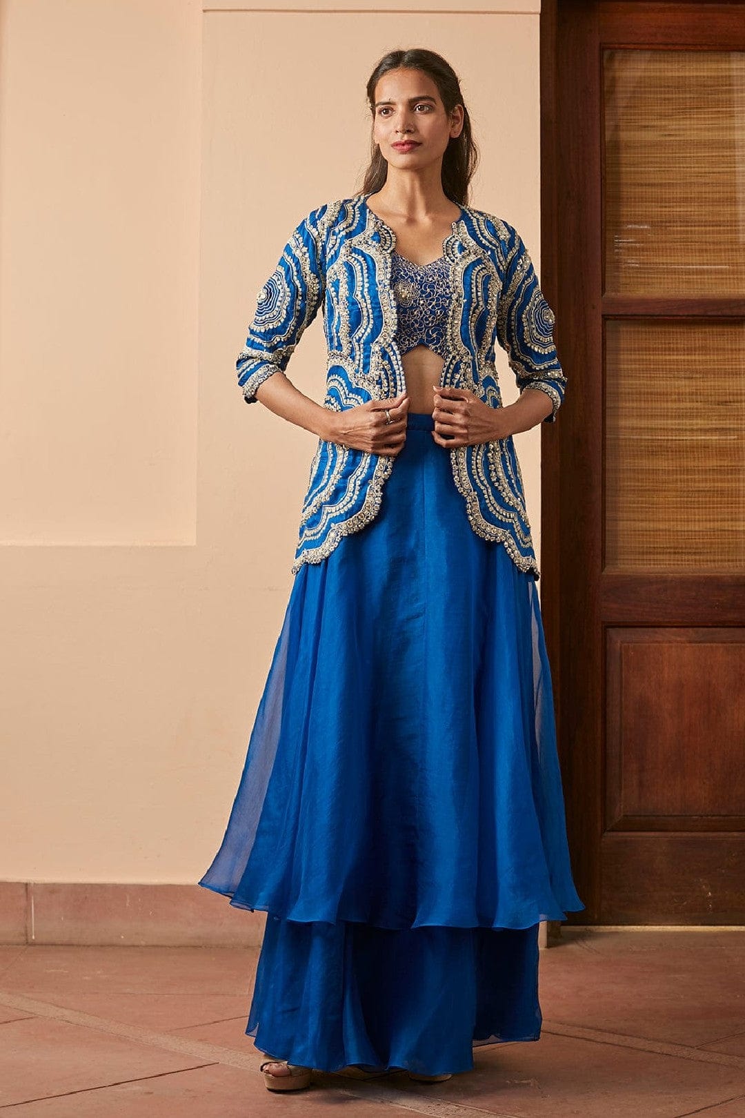 Leher Optical Embroidered Short Jacket Lehenga Set
